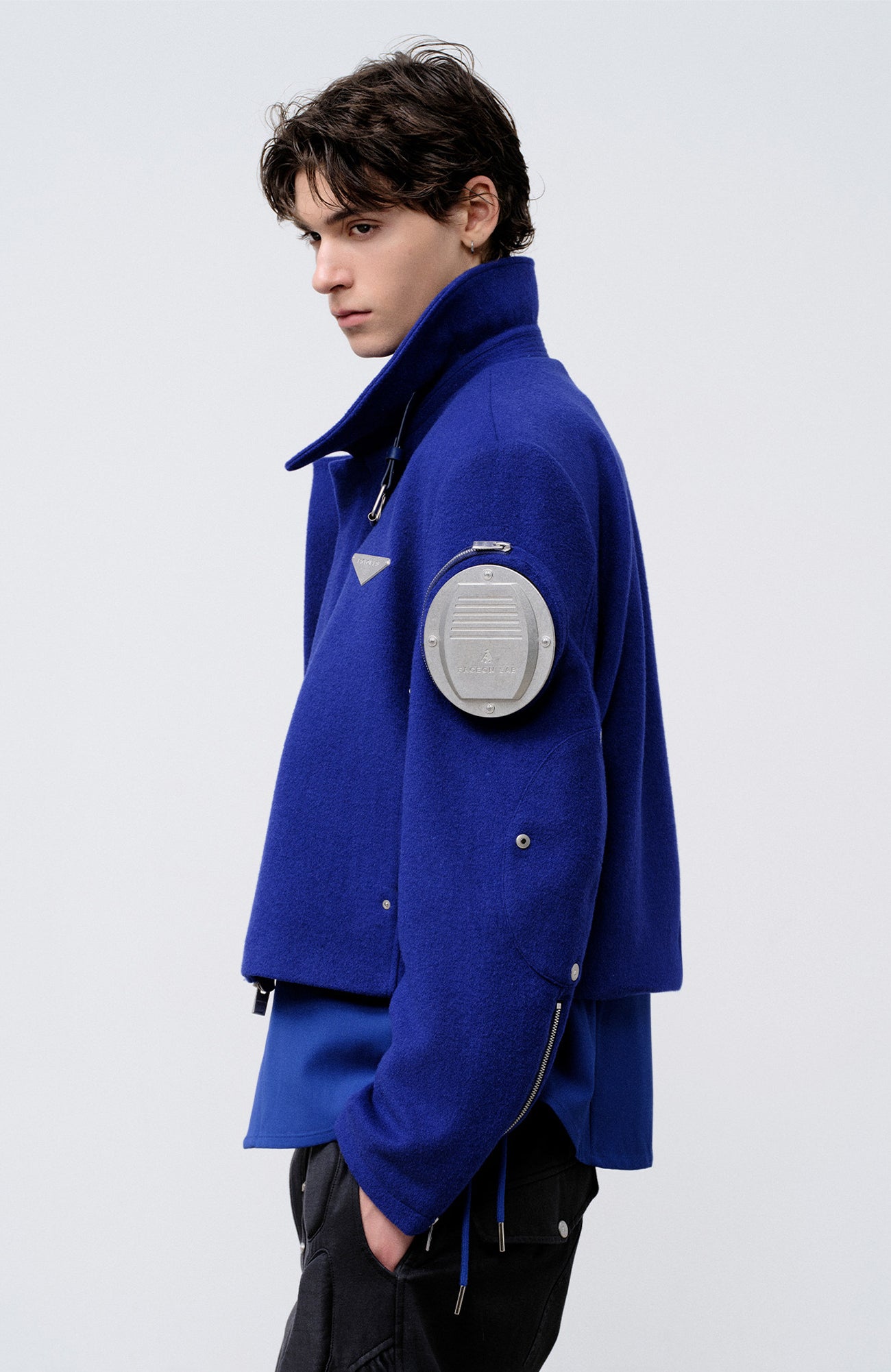 FACEONLAB Arm-Patched Cropped Naval Jacket Blue, premium urban and streetwear designers apparel on PROJECTISR.com, FACEONLAB