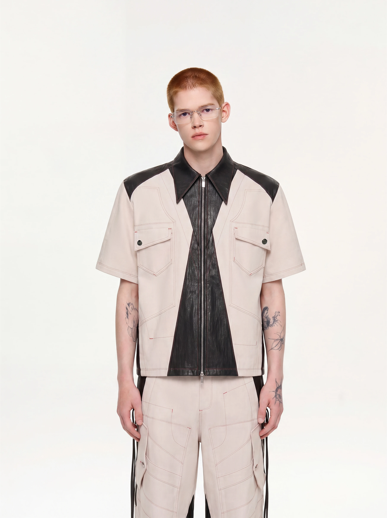 TIWILLTANG Contrast Stitch Paneled Zip-Up Half Shirt