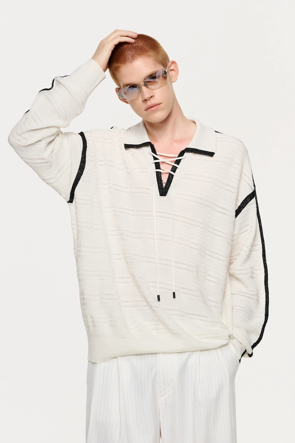 TIWILLTANG Contrast Striped Lace-Up Collar Pullover Sweater