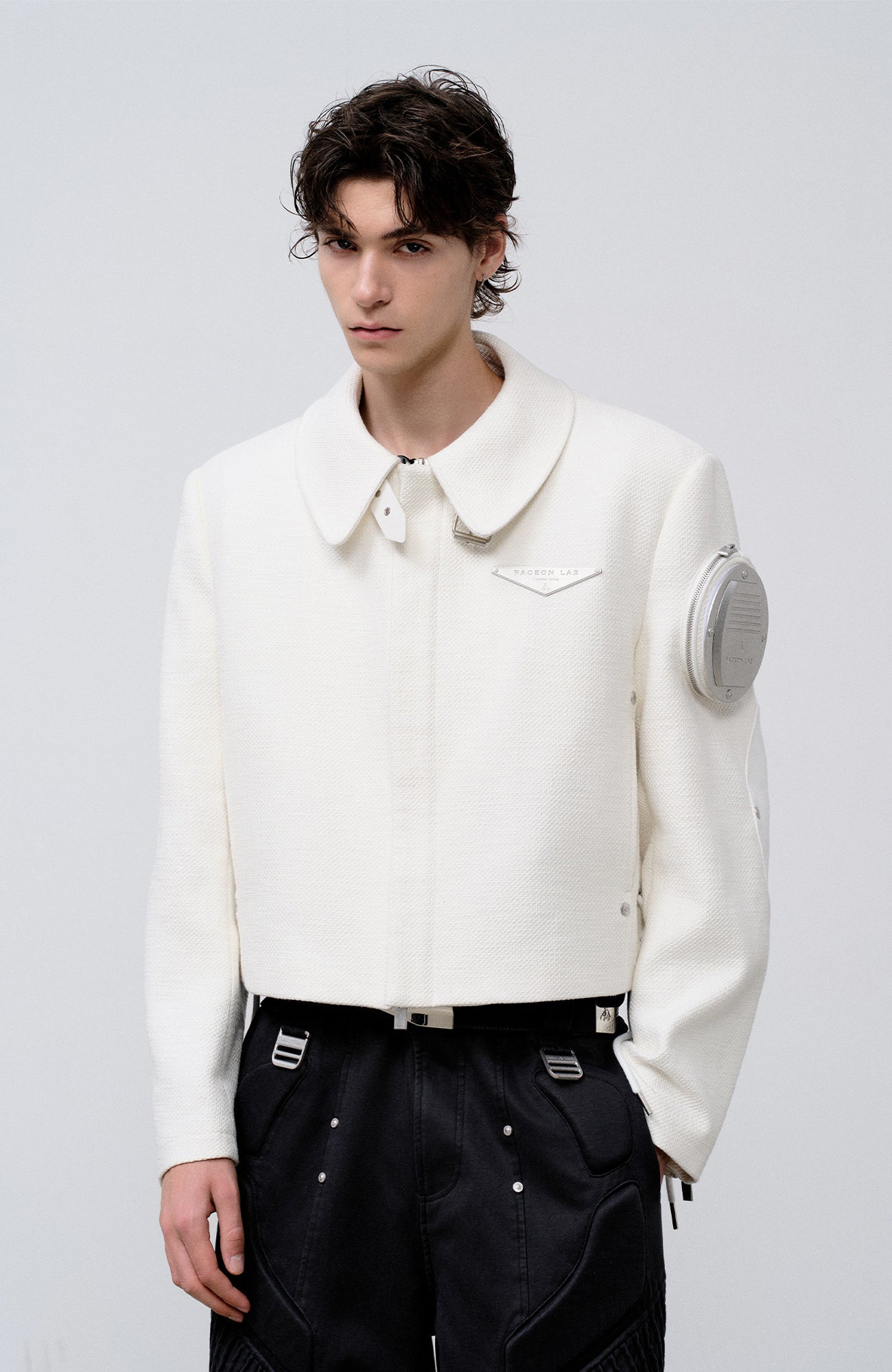 FACEONLAB Arm-Patched Cropped Naval Jacket White, premium urban and streetwear designers apparel on PROJECTISR.com, FACEONLAB