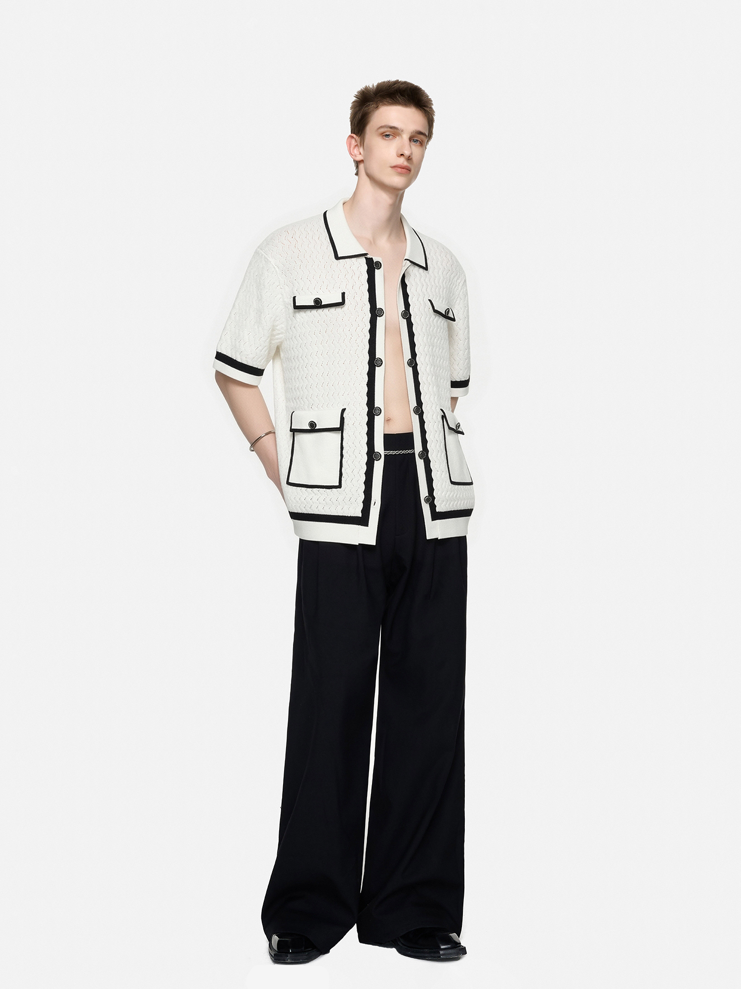 TIWILLTANG Contrast Trim Knitted Half Shirt