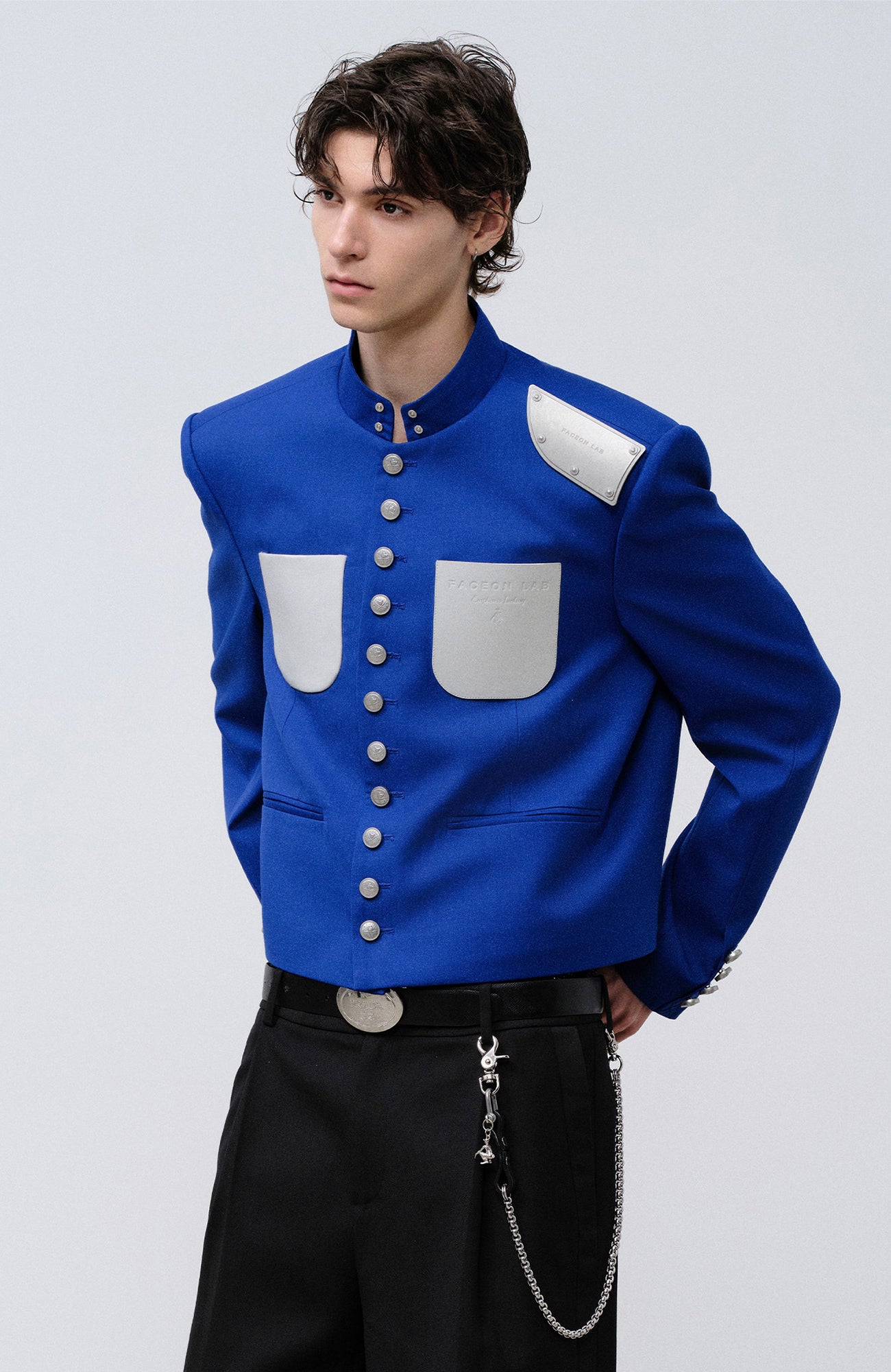 FACEONLAB Stand-Collar Metal-Shoulder Blazer Blue, premium urban and streetwear designers apparel on PROJECTISR.com, FACEONLAB