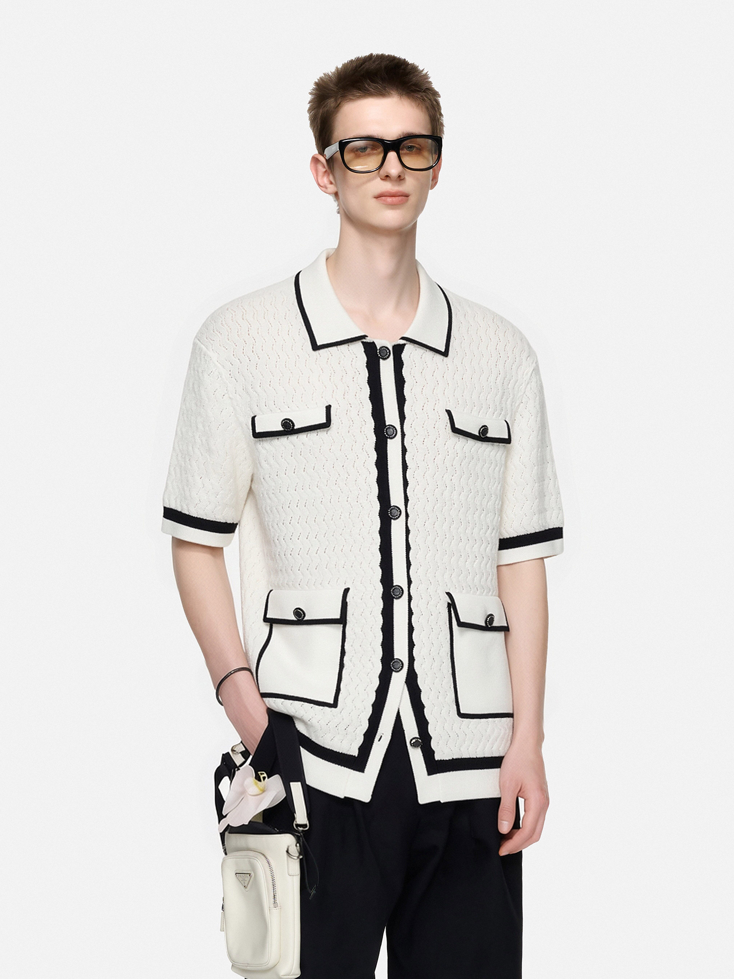 TIWILLTANG Contrast Trim Knitted Half Shirt