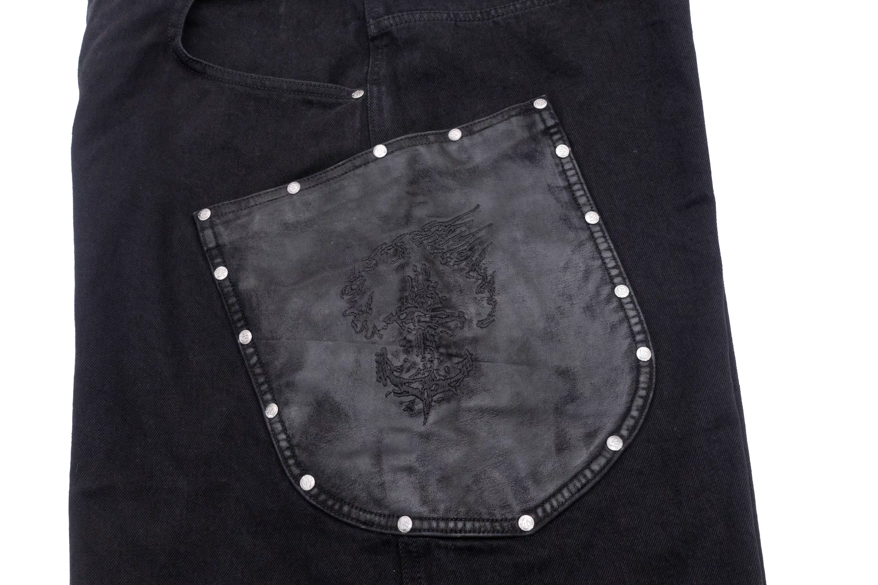 IN EXISTENCE Washed Rivet-Trim Patch Denim Shorts, premium urban and streetwear designers apparel on PROJECTISR.com, IN EXISTENCE