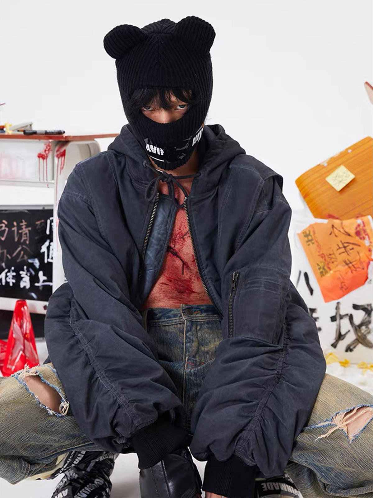 AVINMADE Washed Stitch Hooded Bomber Jacket