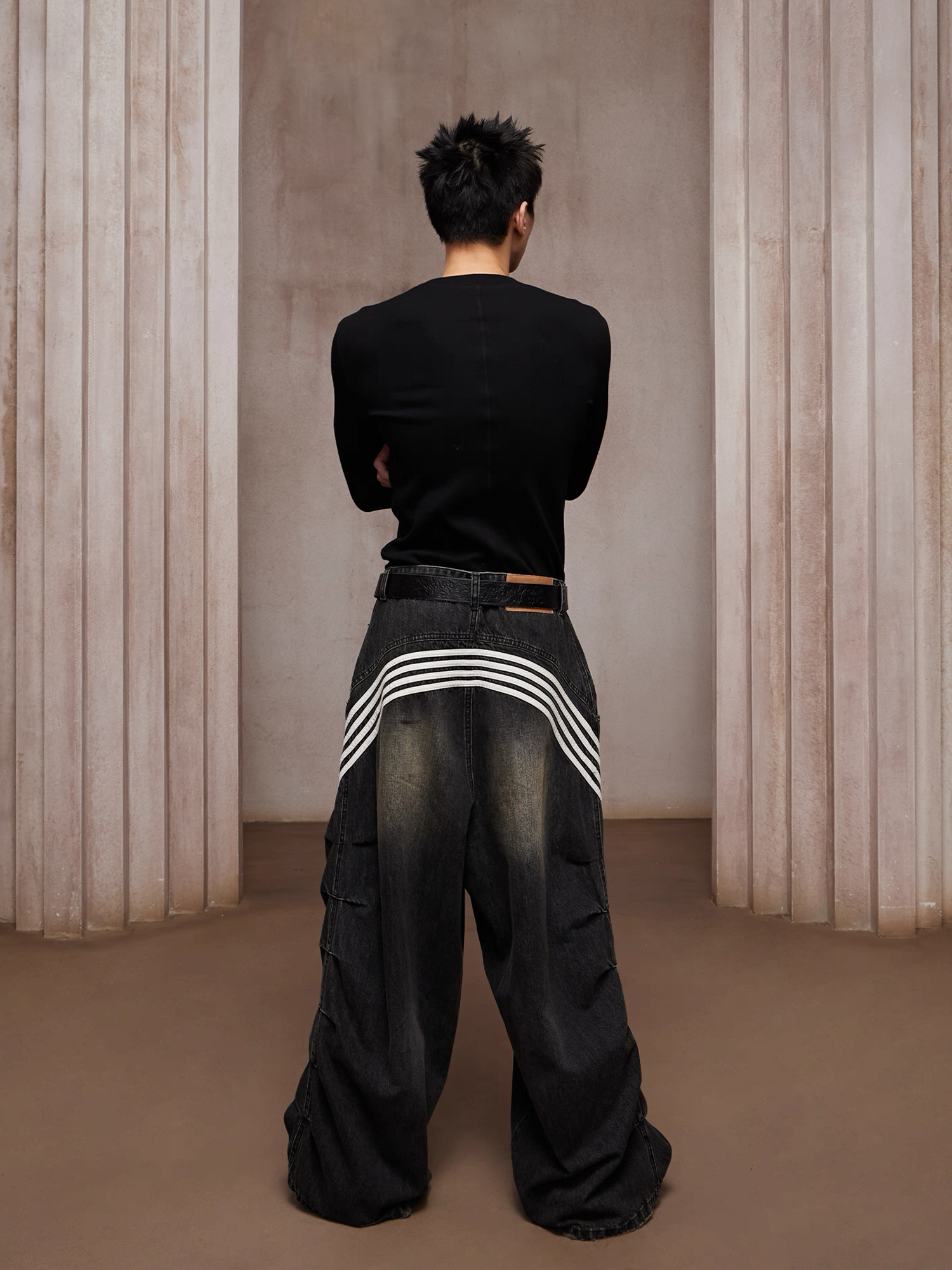 DND4DES Washed Ruched Striped Baggy Jeans