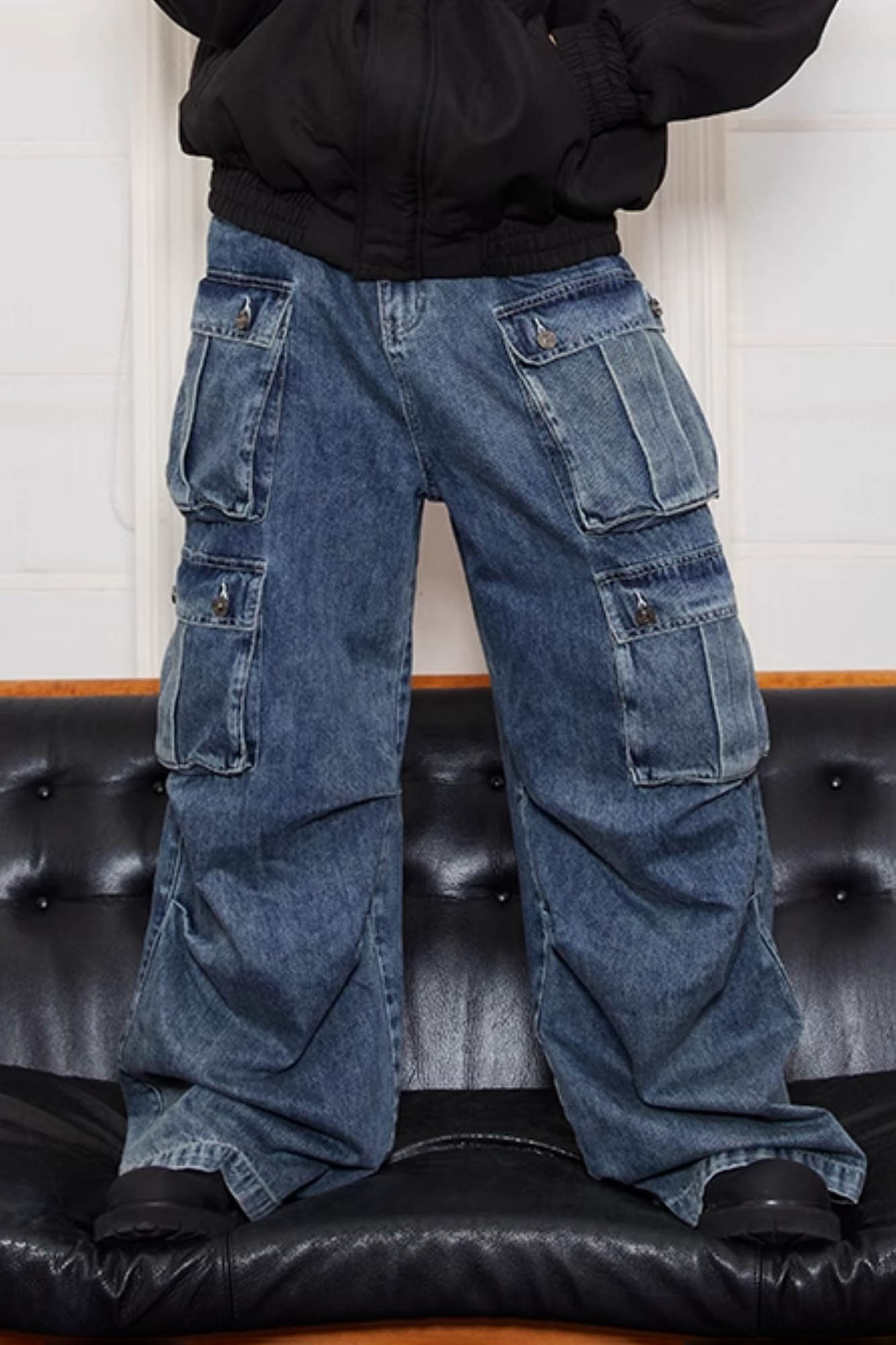 KREATE Multi-Pocket Pleated Denim Cargo Pants