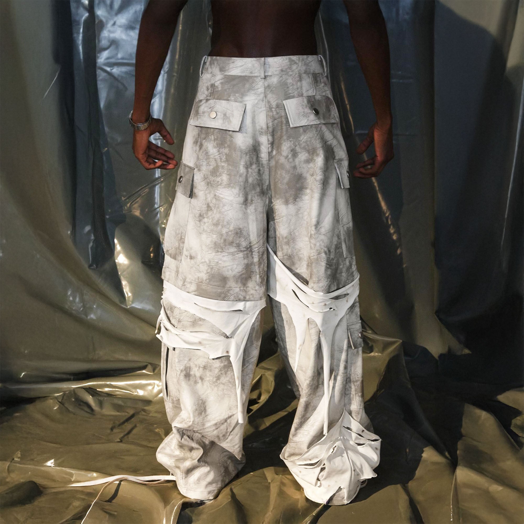 RECOVER ZONE Distressed Slashed PU Layered Cargo Pants