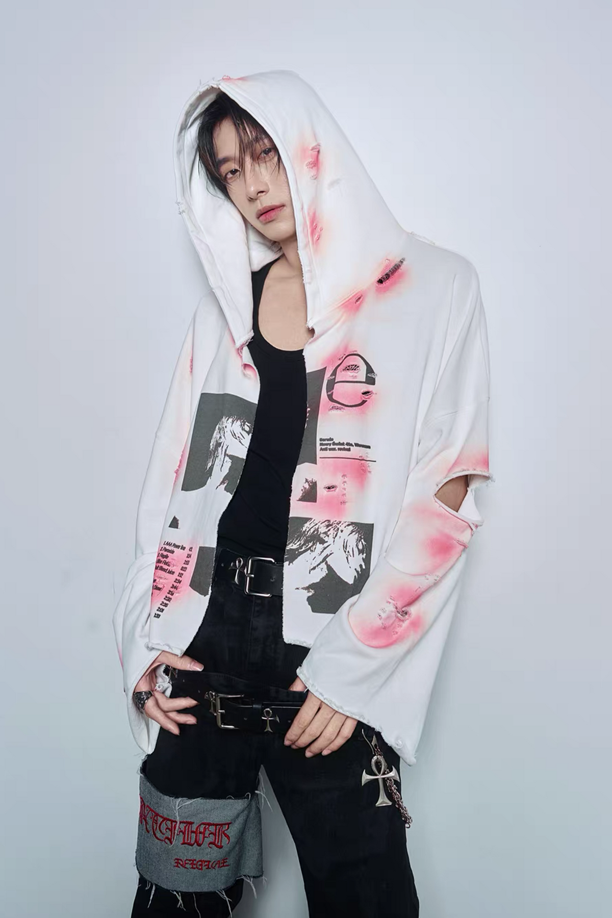 ANTI WAR REVIVAL Distressed Splatter-Print Oversized Zip-Up Hoodie