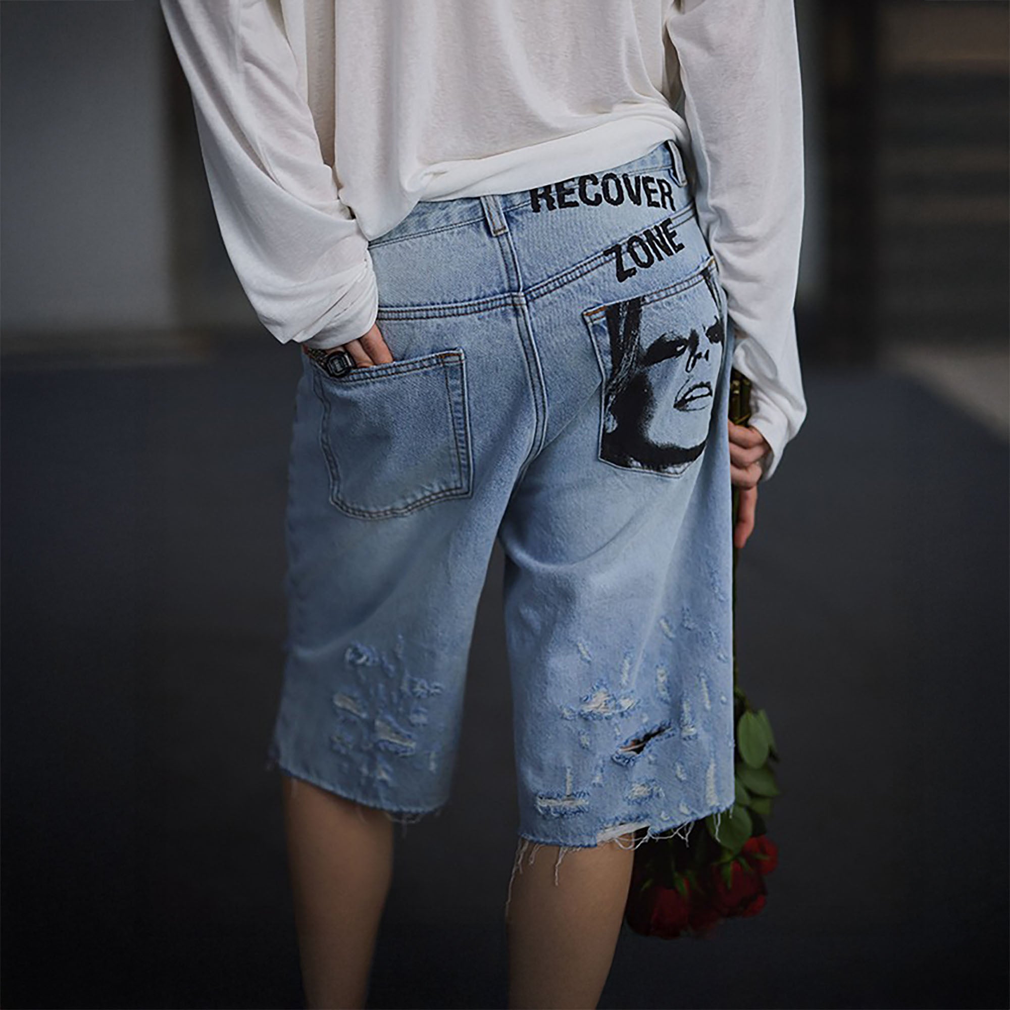 RECOVER ZONE Ripped Washed Denim Shorts