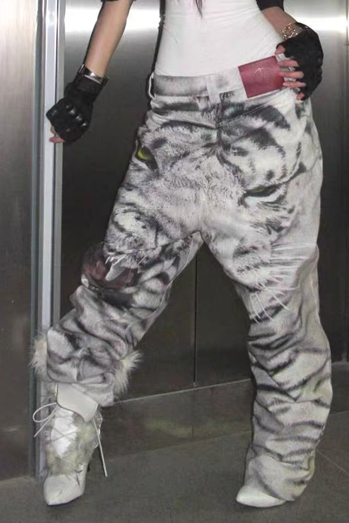 TECNINEGROUP Waxed White Tiger Full-Print Pants
