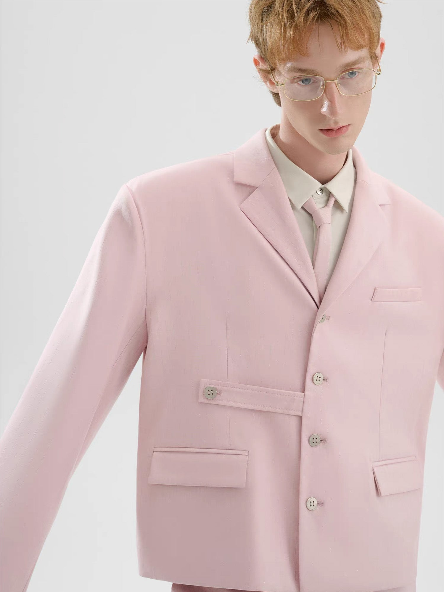 TIWILLTANG Cropped Pinstripe Strap Blazer White/Pink, premium urban and streetwear designers apparel on PROJECTISR.com, TIWILLTANG