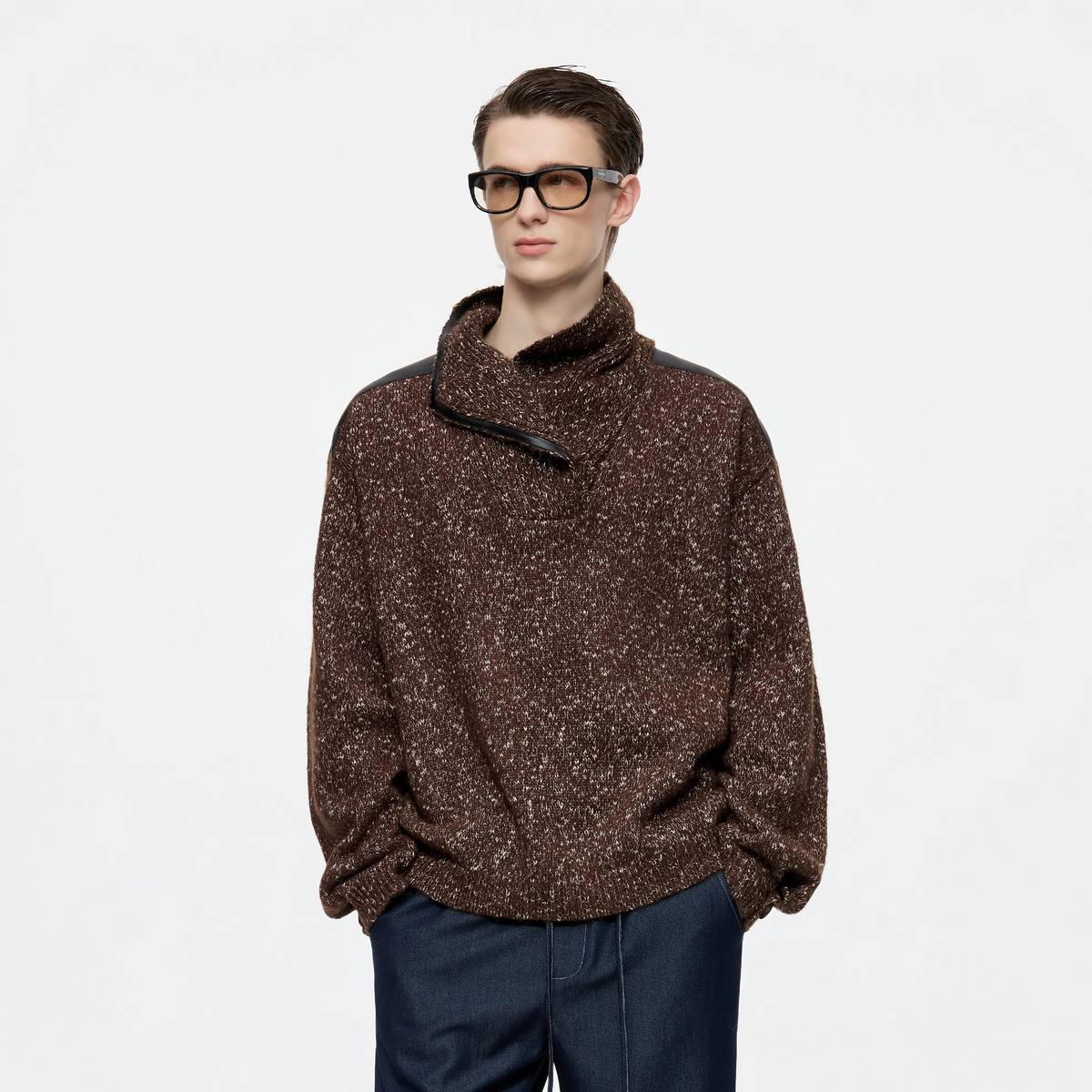 TIWILLTANG Spliced Faux Leather Dot-Yarn Fold Collar Sweater