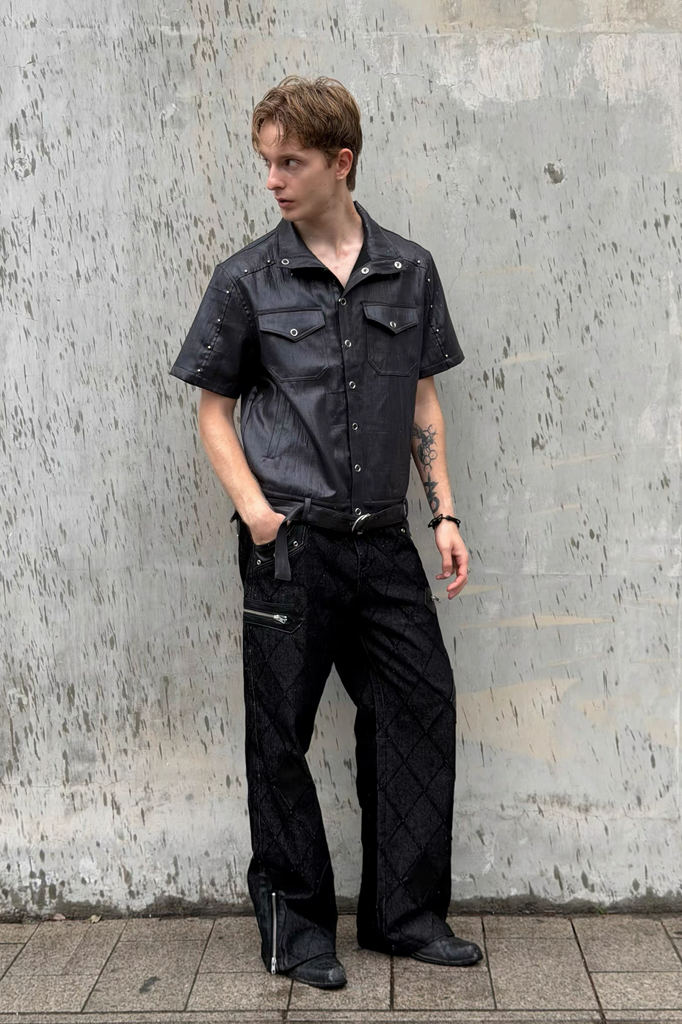ESAIAS Studded Waxed Linen Belted Half Shirt
