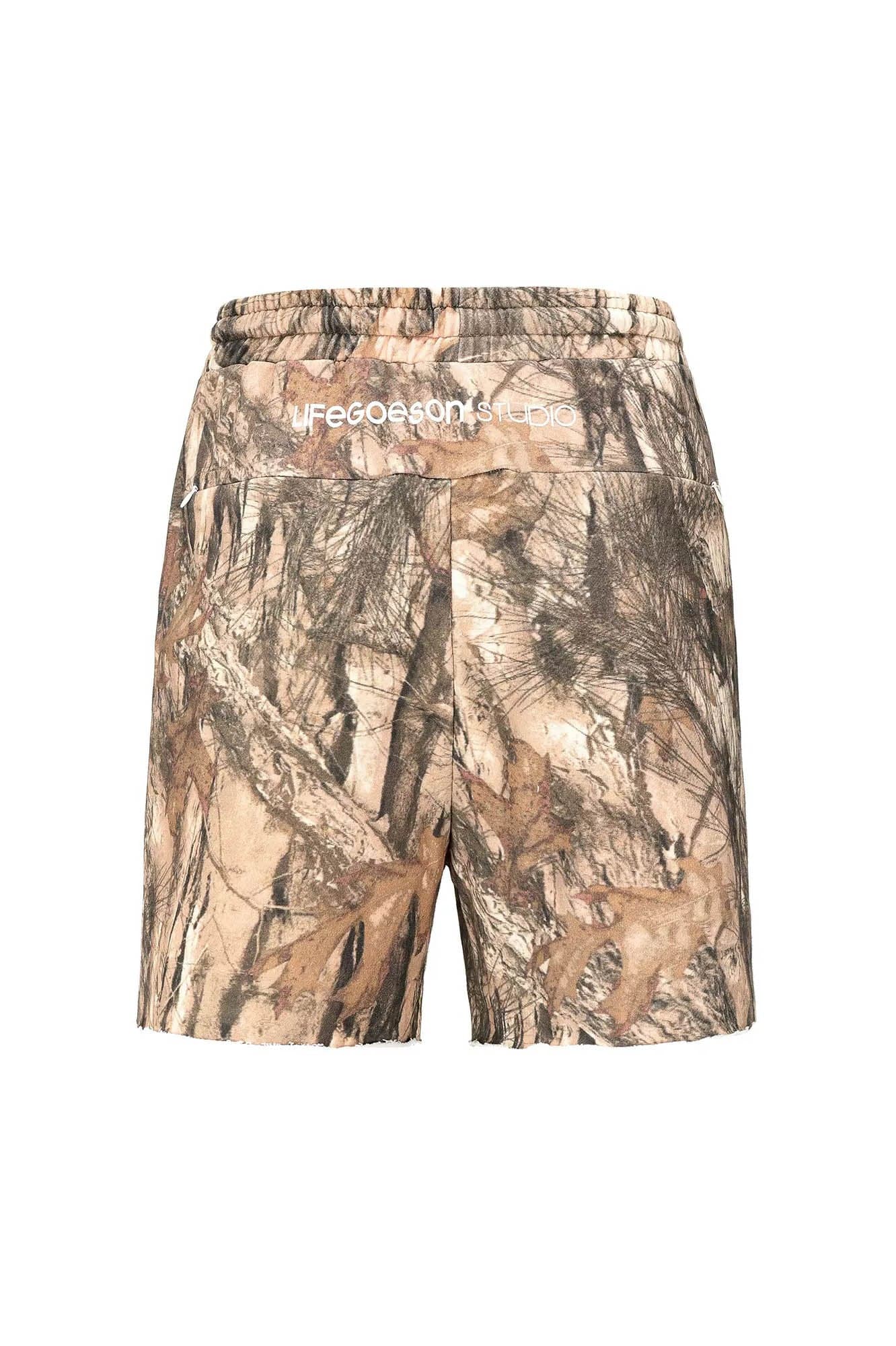 LIFEGOESON Forest Camo Spliced Raw Edge Shorts