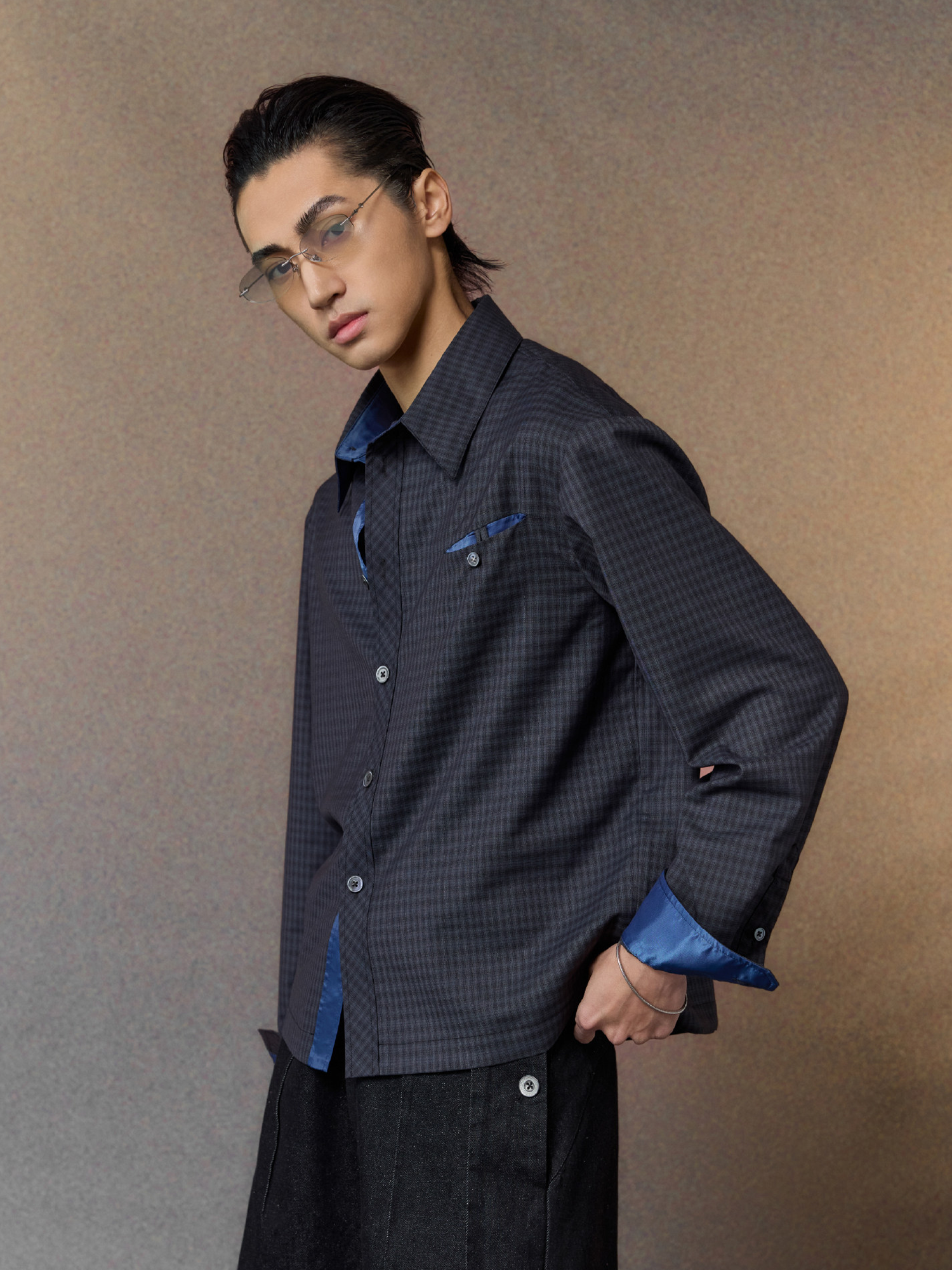 ALVNG AR ANTS Gloss Contrast Trim Check Shirt, premium urban and streetwear designers apparel on PROJECTISR.com, ALVNG AR ANTS