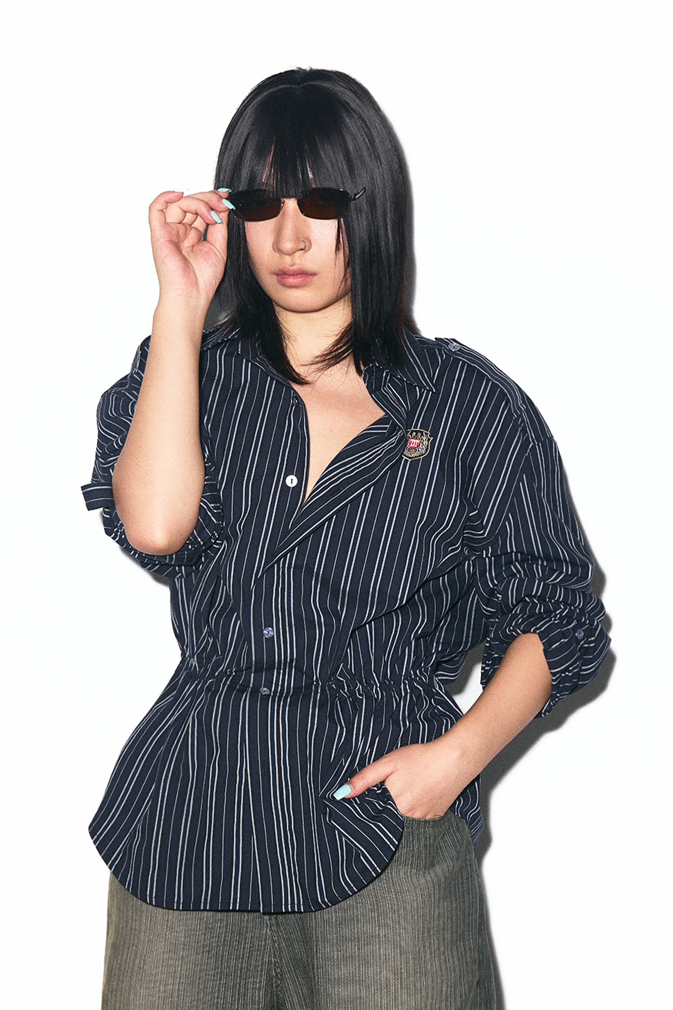 TRECLUB Striped Embroidered Drawstring-Waist Shirt