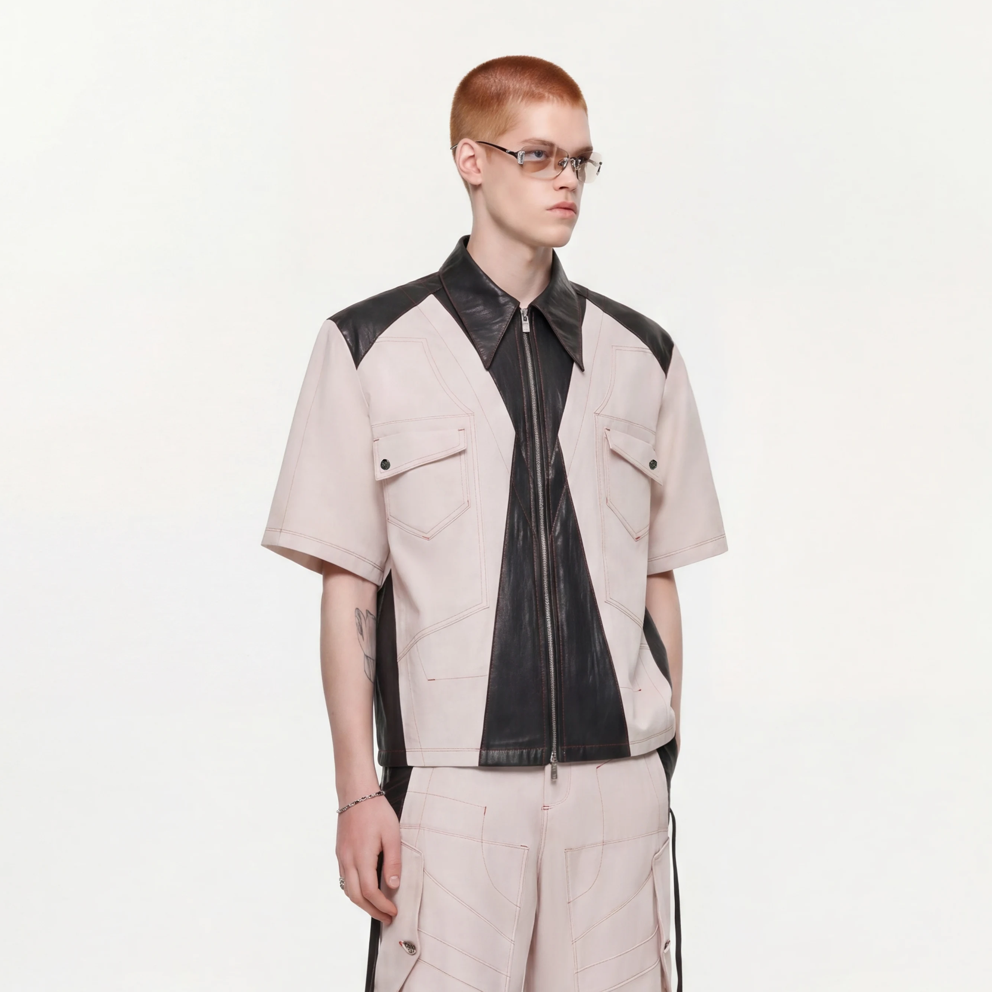 TIWILLTANG Contrast Stitch Paneled Zip-Up Half Shirt