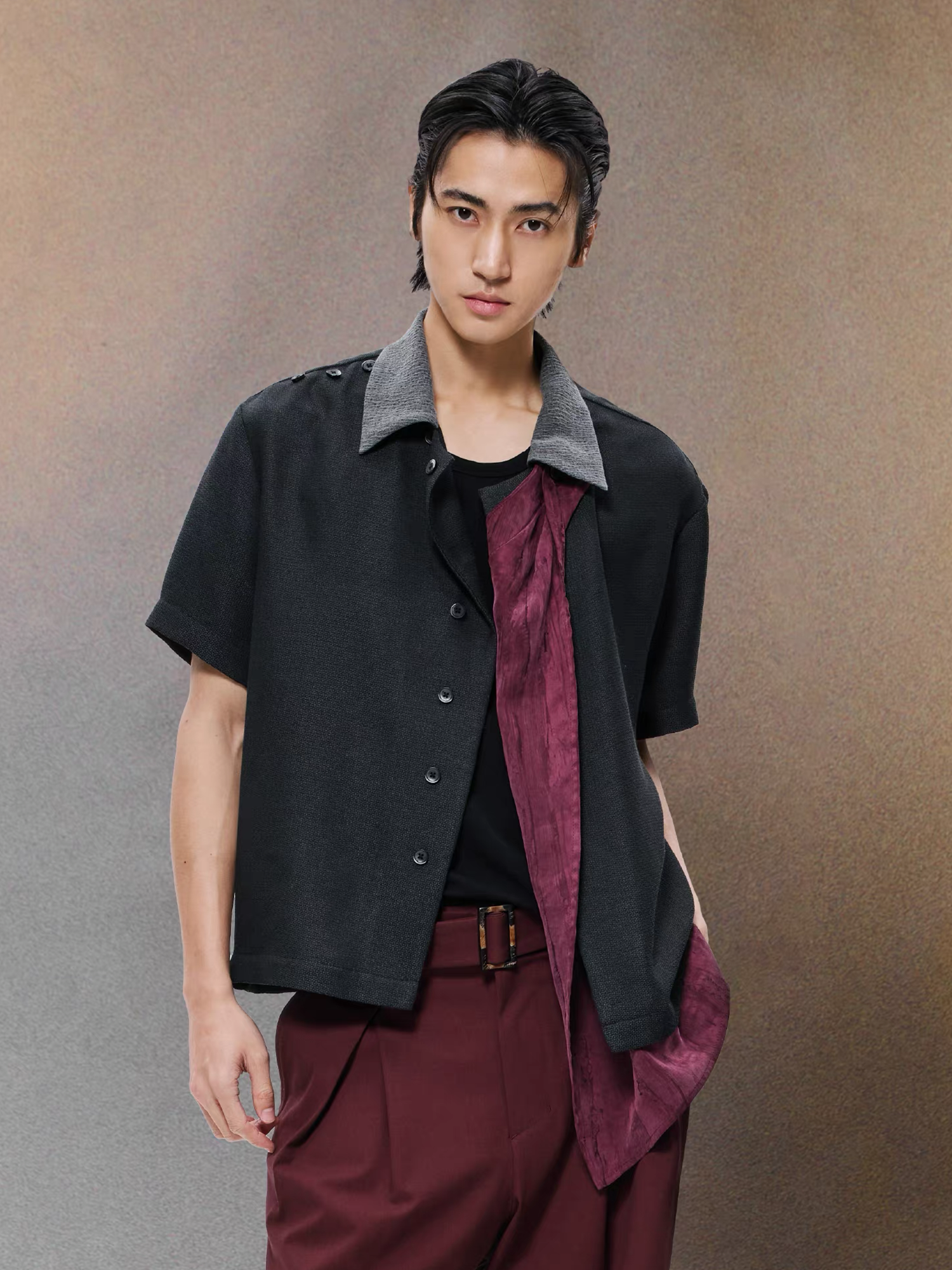 ALVNG AR ANTS Asymmetrical Contrast Spliced Linen Half Shirt, premium urban and streetwear designers apparel on PROJECTISR.com, ALVNG AR ANTS