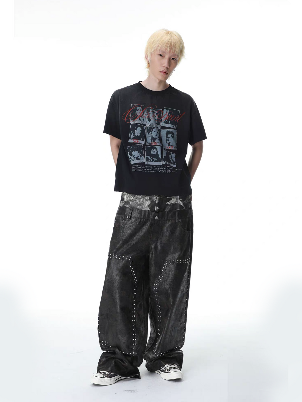 SEXXDEVIL Camo Washed Spliced Studded Jeans