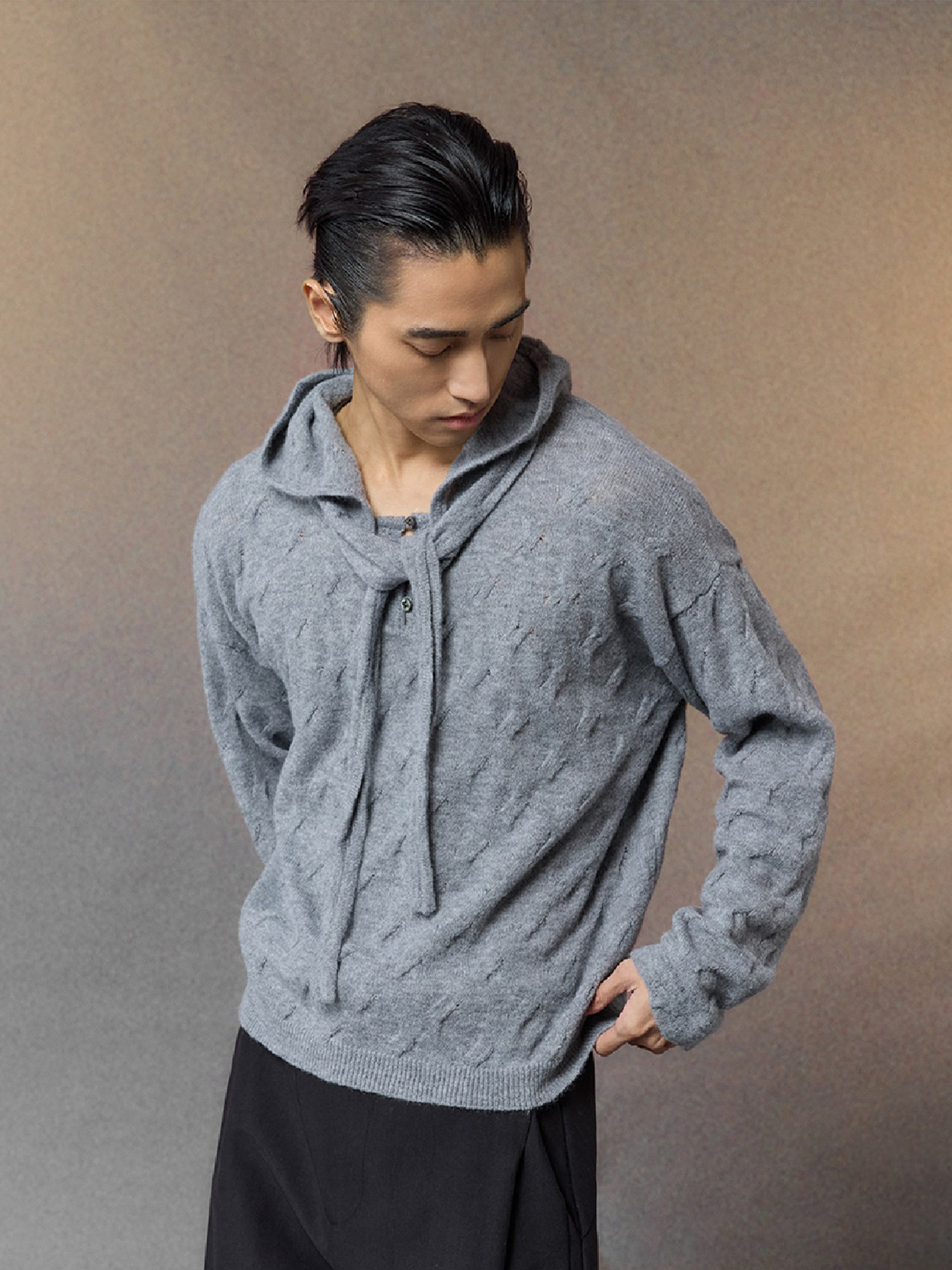 ALVNG AR ANTS Cable-Knit Tie-Neck Hooded Sweater, premium urban and streetwear designers apparel on PROJECTISR.com, ALVNG AR ANTS