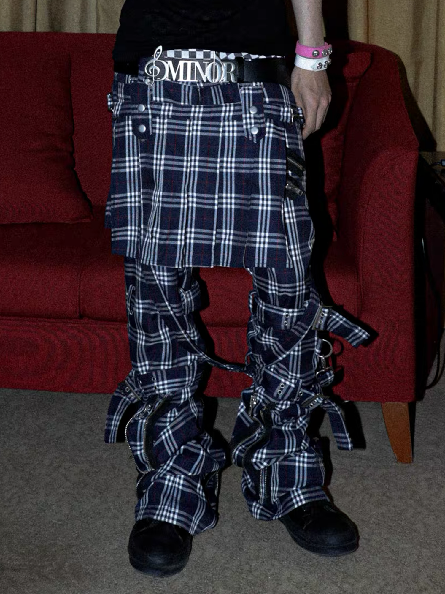 PCCVISION Detachable Skirt Panel Strap-Zip Plaid Flared Pants, premium urban and streetwear designers apparel on PROJECTISR.com, PCCVISION