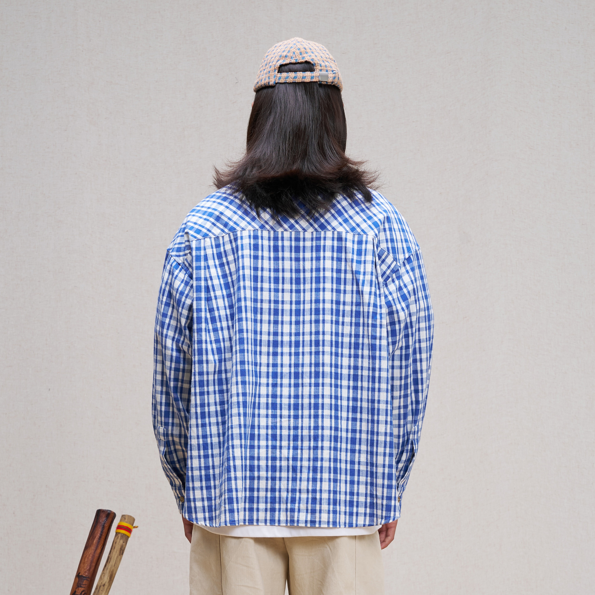 UNLIMITED MOTE Plaid Linen-Blend Half-Open Collar Shirt Blue, premium urban and streetwear designers apparel on PROJECTISR.com, UNLIMITED MOTE