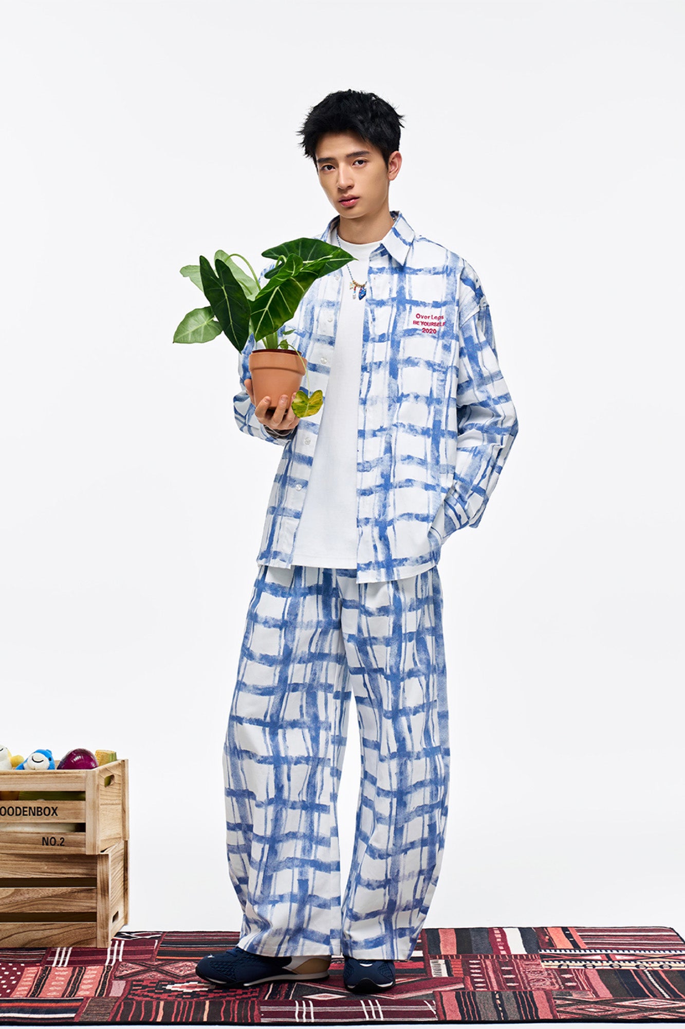 OVERLAPS Brush-Paint Grid Wide-Leg Pants, premium urban and streetwear designers apparel on PROJECTISR.com, OVERLAPS