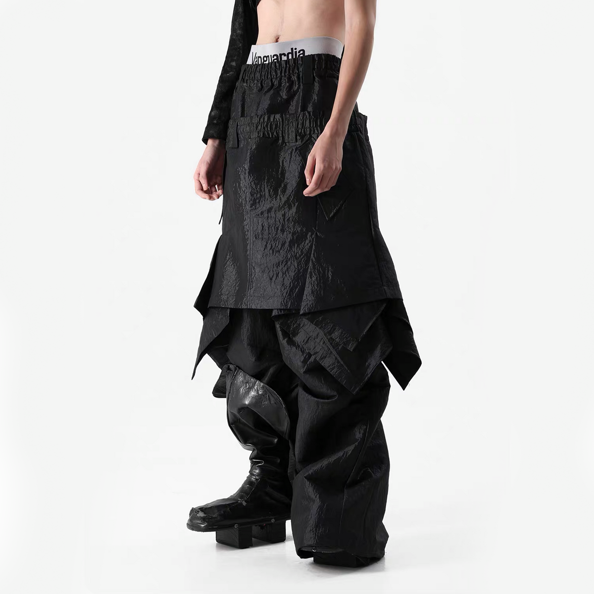 VANGUARDIA Liquid Metal Layered-Waist Skirt Pants