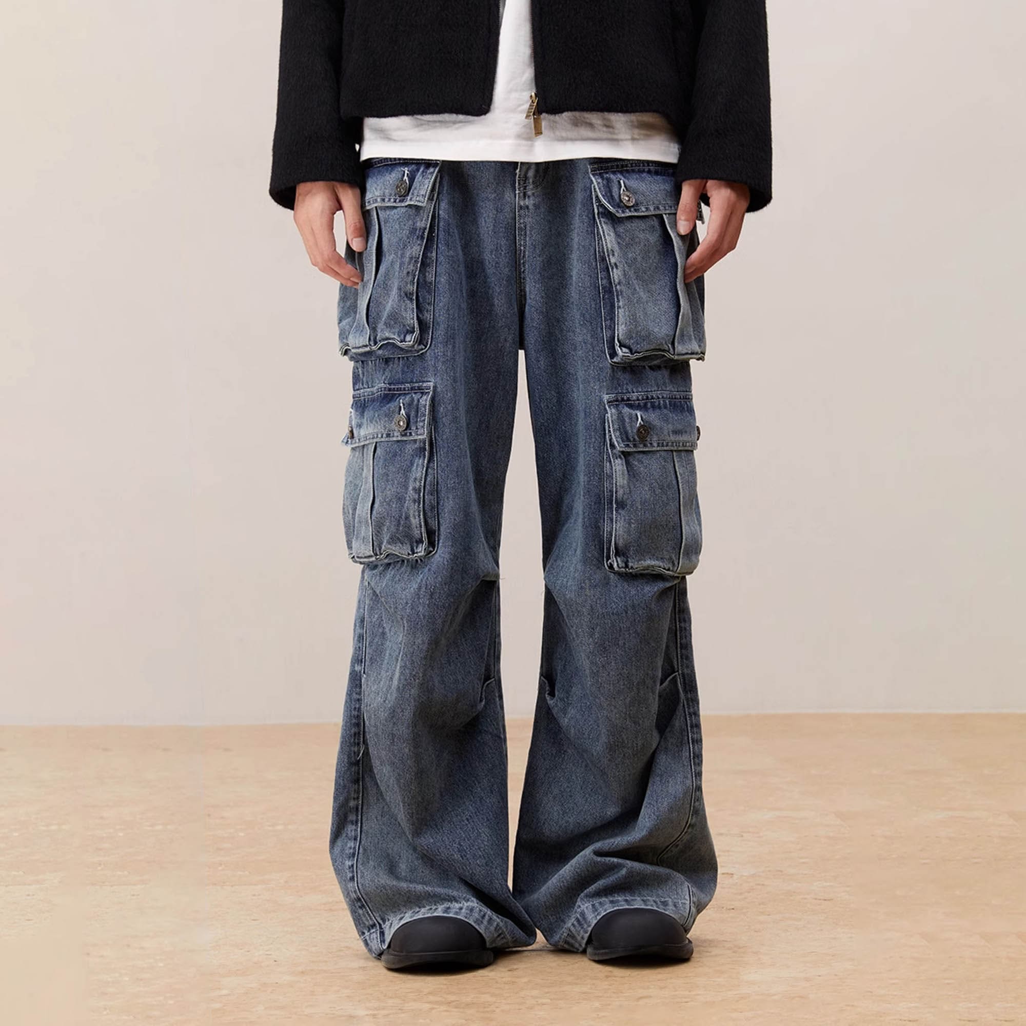 KREATE Multi-Pocket Pleated Denim Cargo Pants