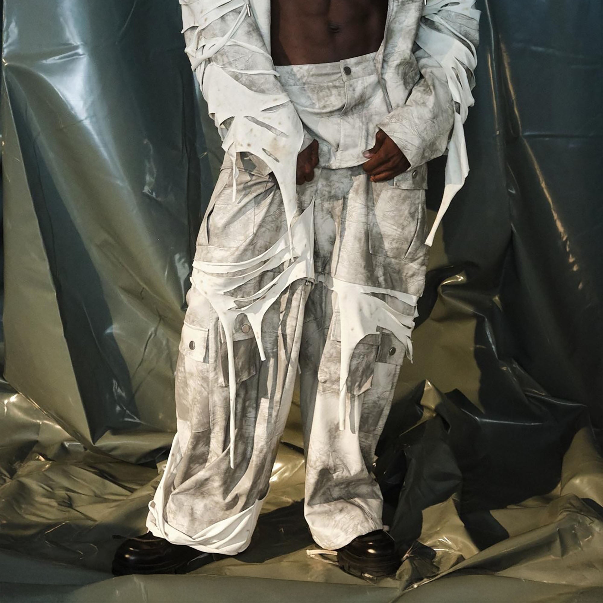 RECOVER ZONE Distressed Slashed PU Layered Cargo Pants