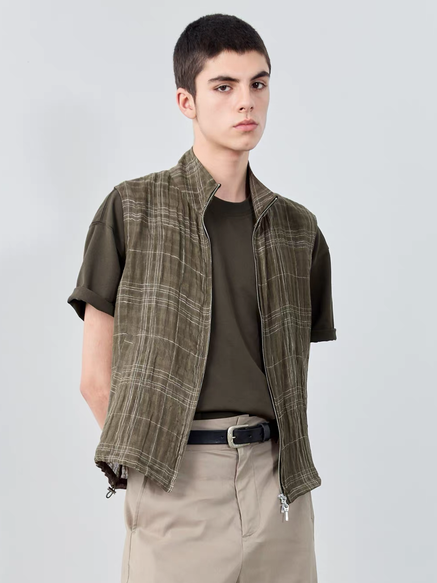 GRAINMUSTARD Linen-Cotton Plaid Vest, premium urban and streetwear designers apparel on PROJECTISR.com, GRAINMUSTARD