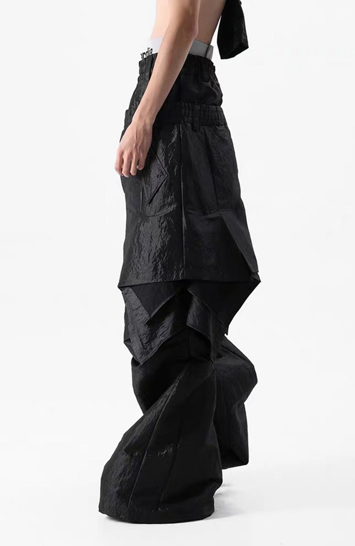 VANGUARDIA Liquid Metal Layered-Waist Skirt Pants