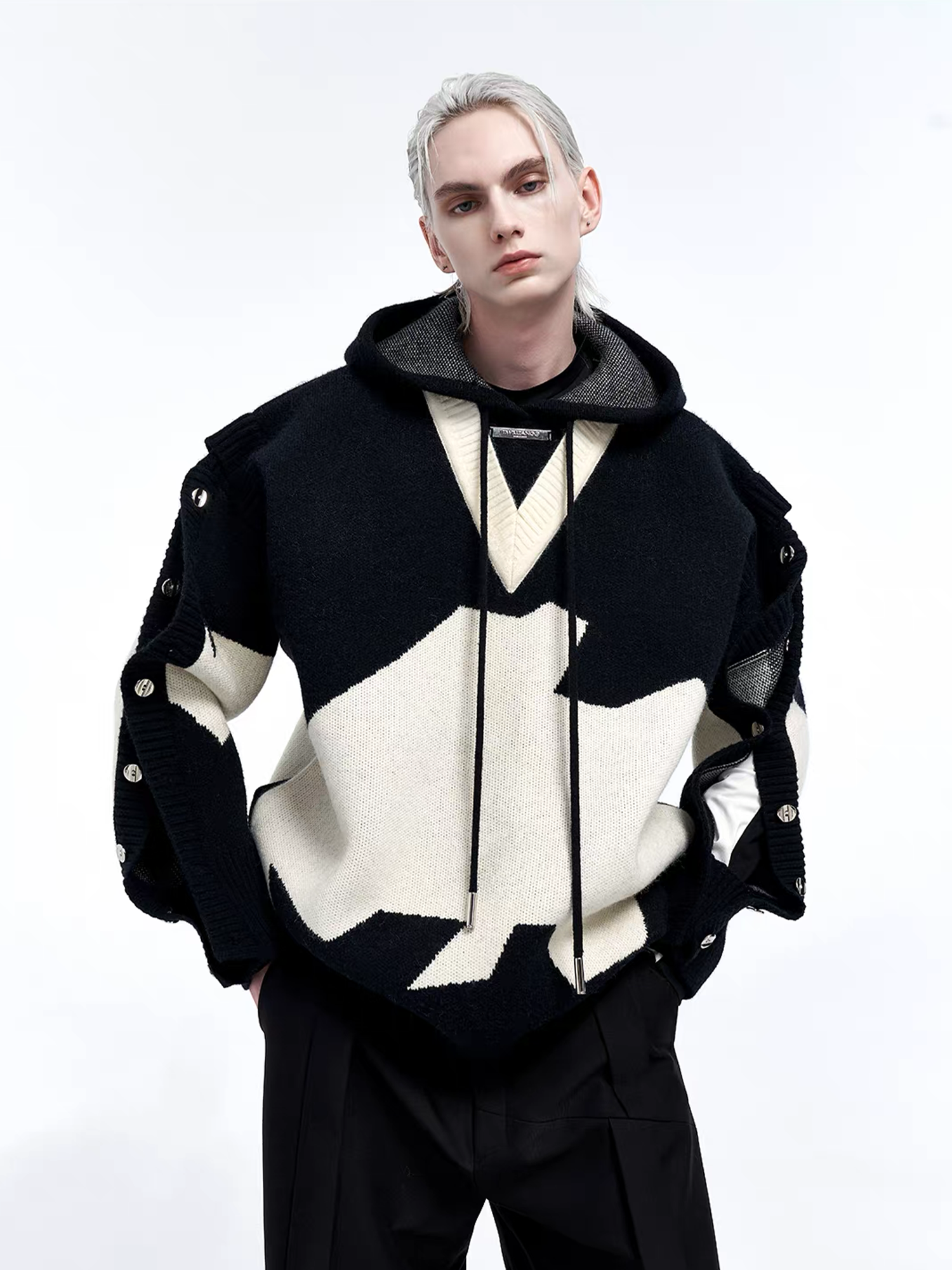 TIWILLTANG Contrast Layered Snap-Sleeves Knit Hoodie, premium urban and streetwear designers apparel on PROJECTISR.com, TIWILLTANG