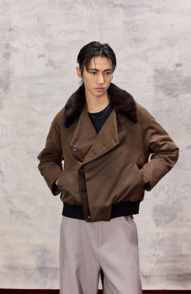 ALVNG AR ANTS Asymmetrical Placket Faux Fur Collar Jacket