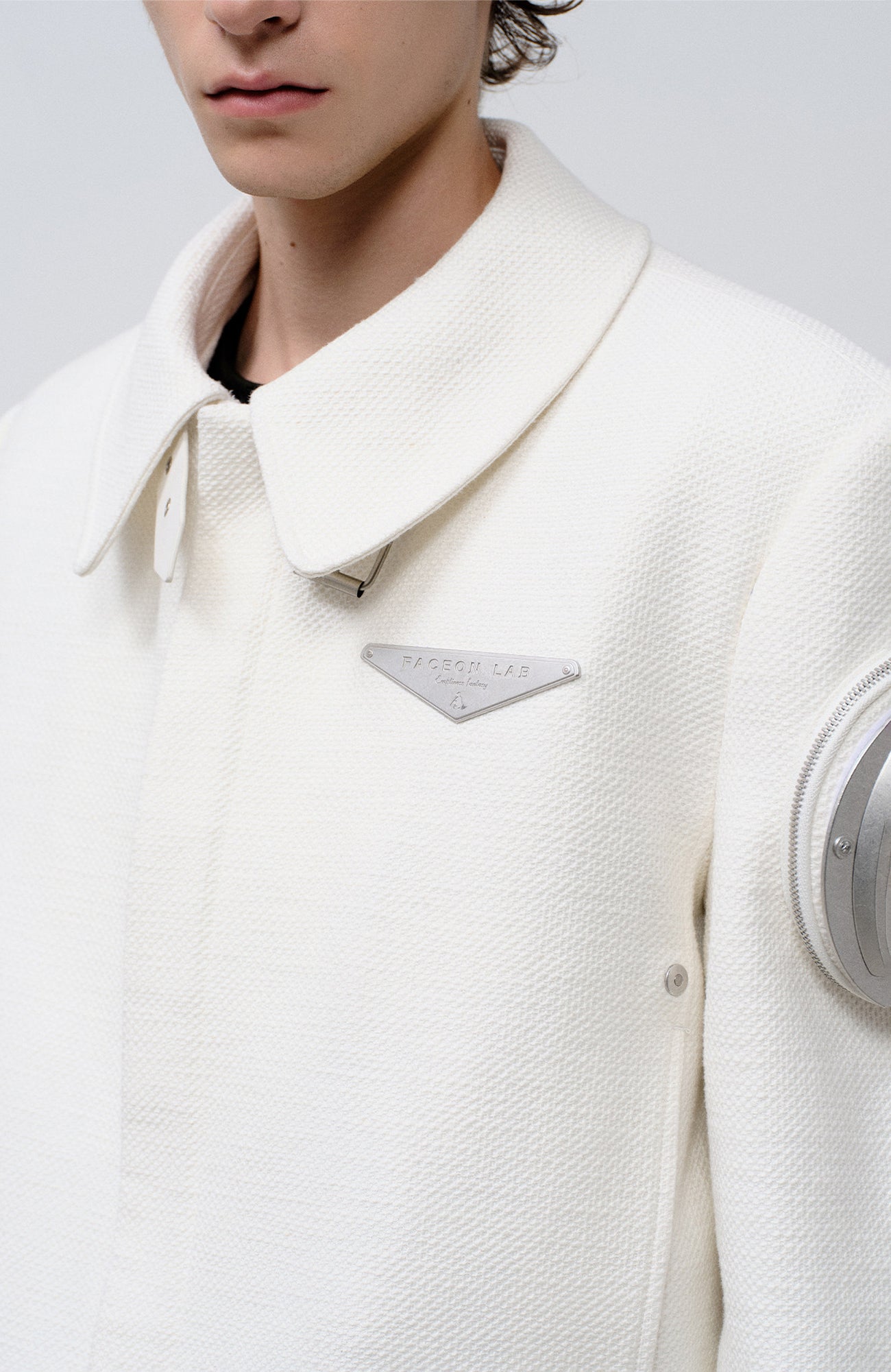 FACEONLAB Arm-Patched Cropped Naval Jacket White, premium urban and streetwear designers apparel on PROJECTISR.com, FACEONLAB