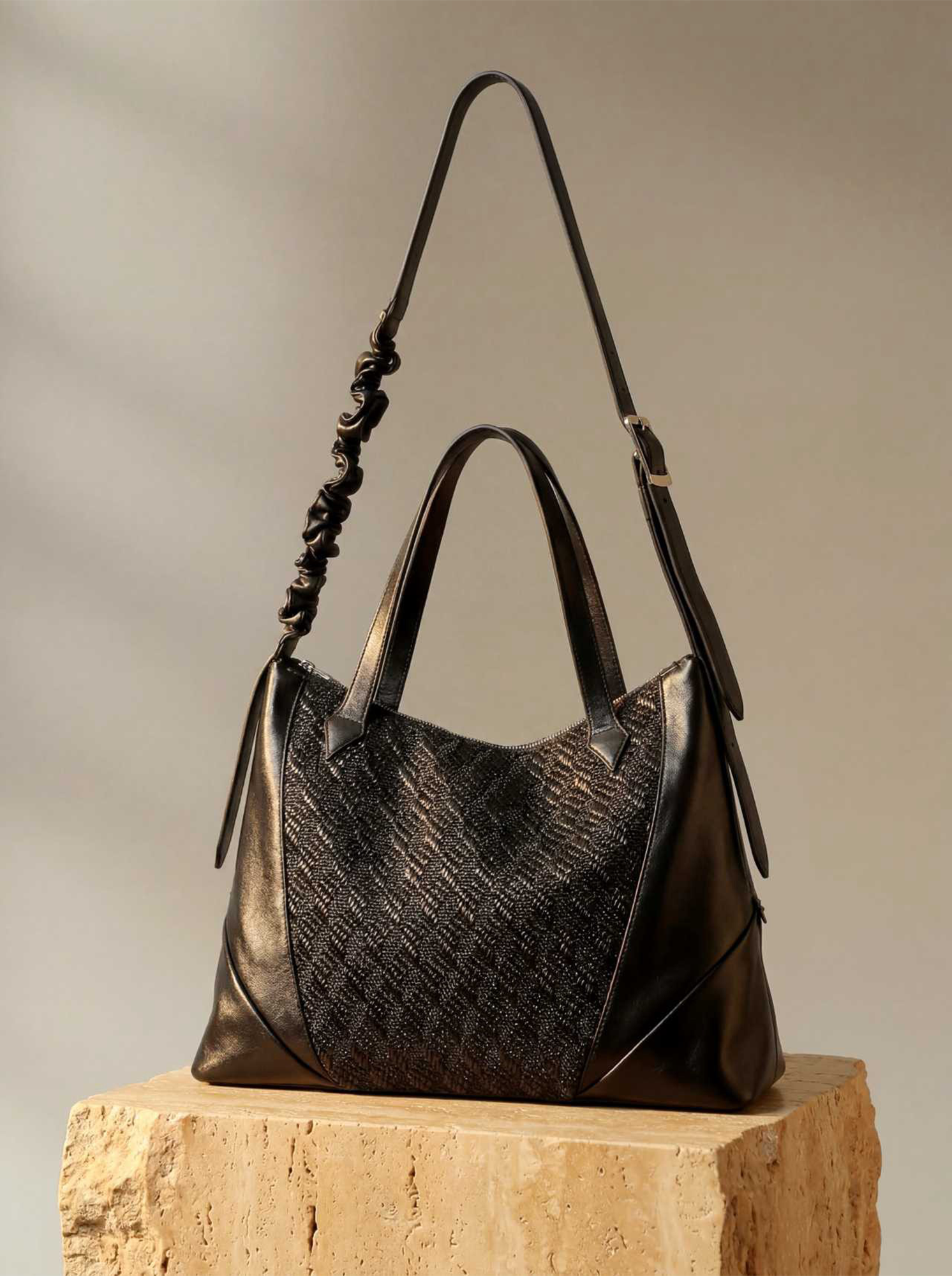 ALVNG AR ANTS Asymmetrical Ruched Woven Faux Leather Bag