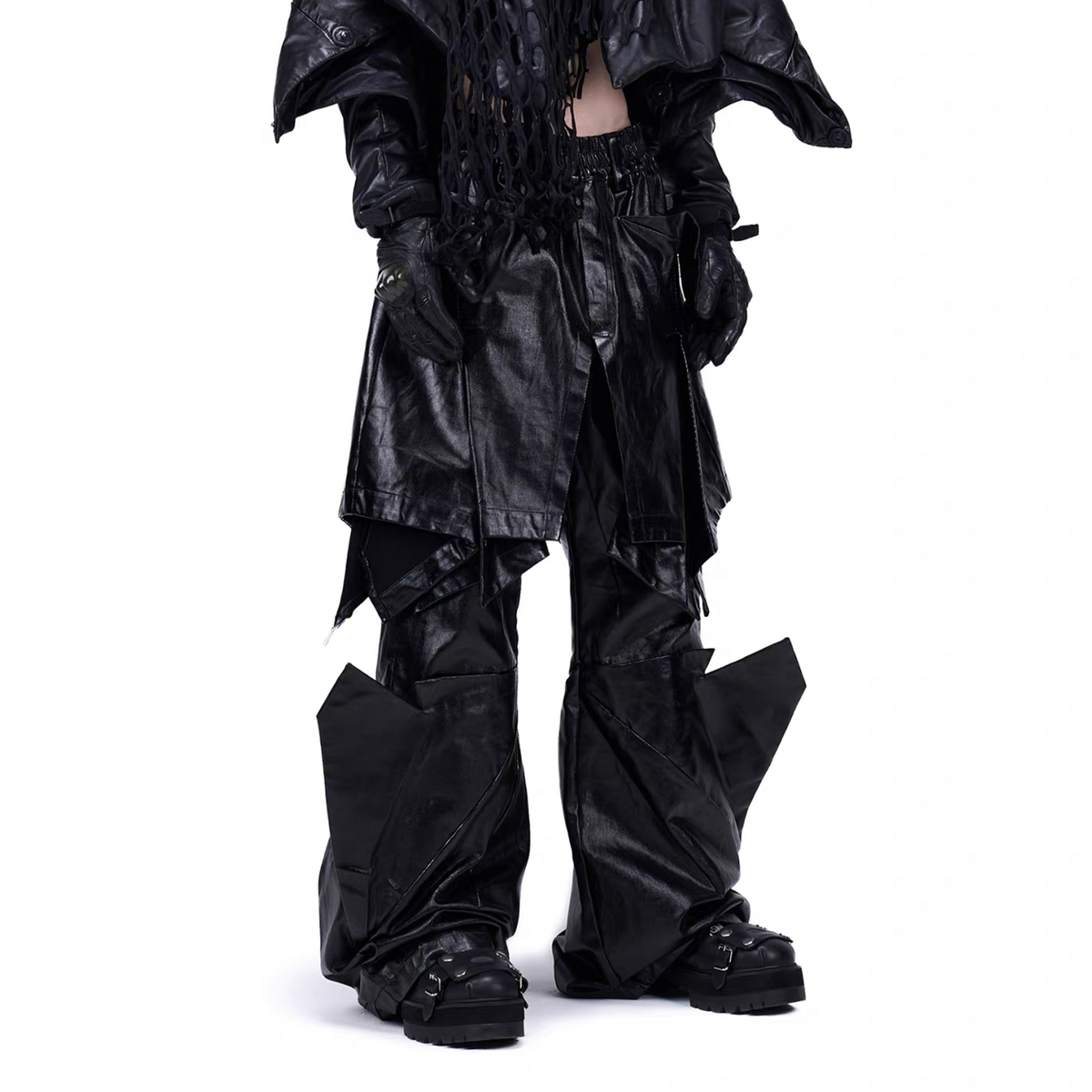 VANGUARDIA Deconstructed Layered Coated Denim Flared Pants