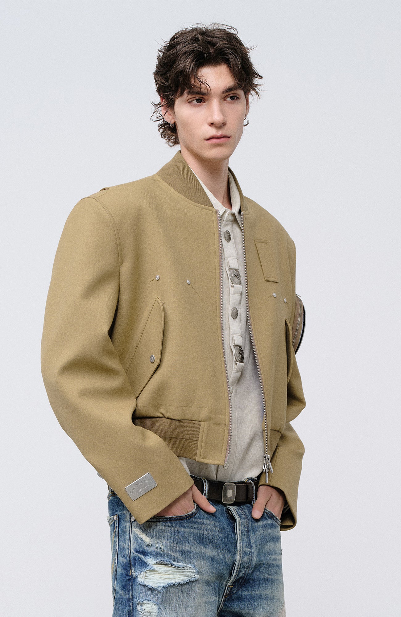 FACEONLAB Arm-Patched Bomber Jacket Khaki, premium urban and streetwear designers apparel on PROJECTISR.com, FACEONLAB
