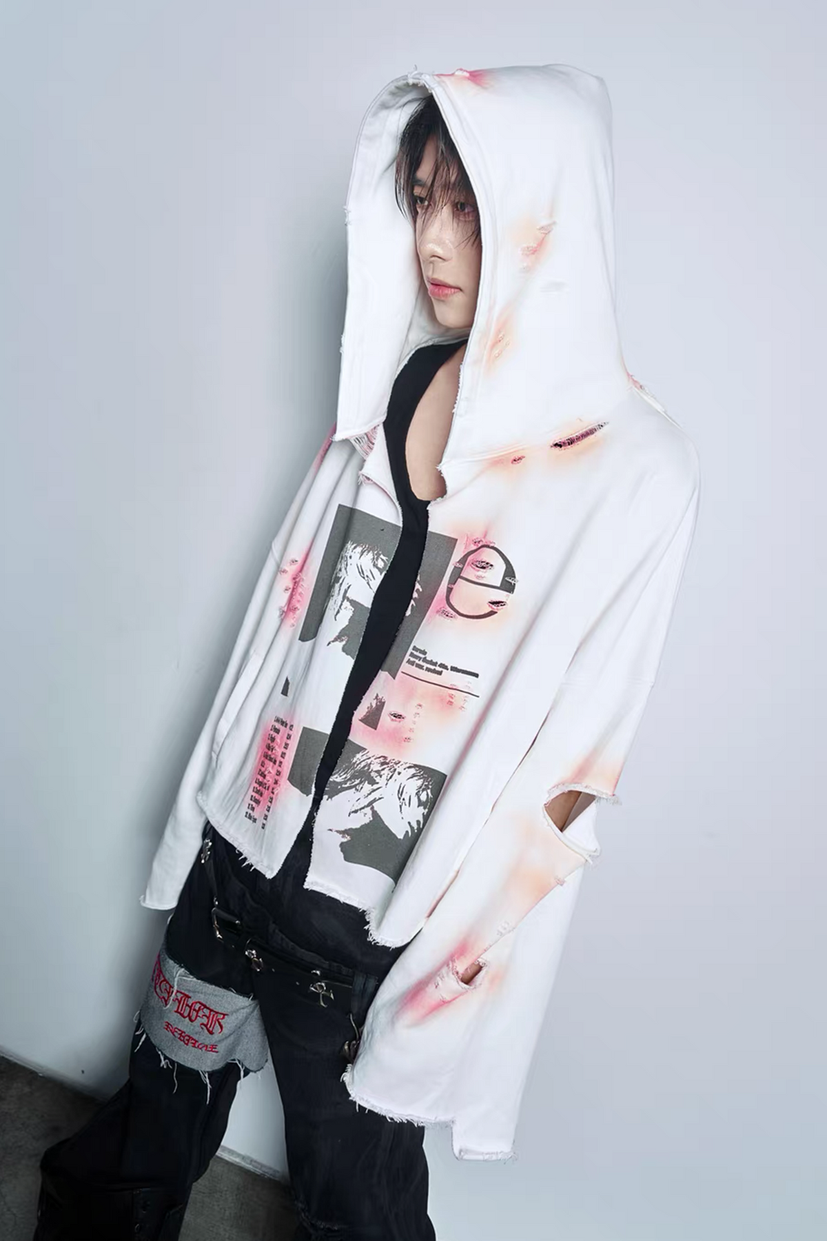 ANTI WAR REVIVAL Distressed Splatter-Print Oversized Zip-Up Hoodie