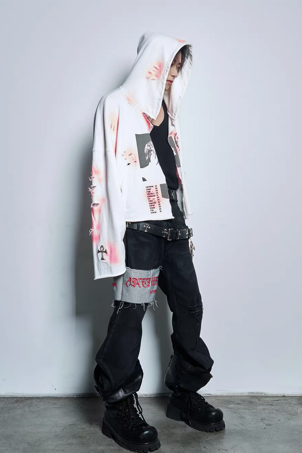 ANTI WAR REVIVAL Distressed Splatter-Print Oversized Zip-Up Hoodie
