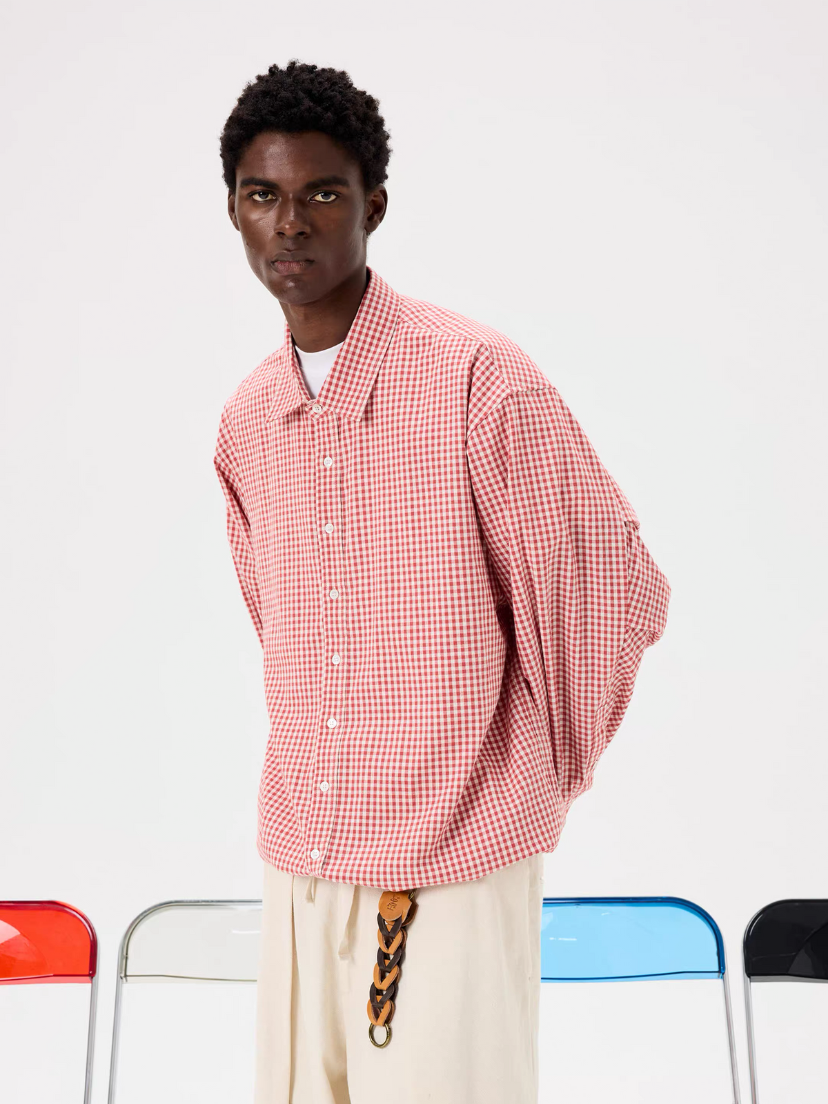 UNLIMITED MOTE Pleated Balloon Drawstring Plaid Long-Sleeve Shirt, premium urban and streetwear designers apparel on PROJECTISR.com, UNLIMITED MOTE