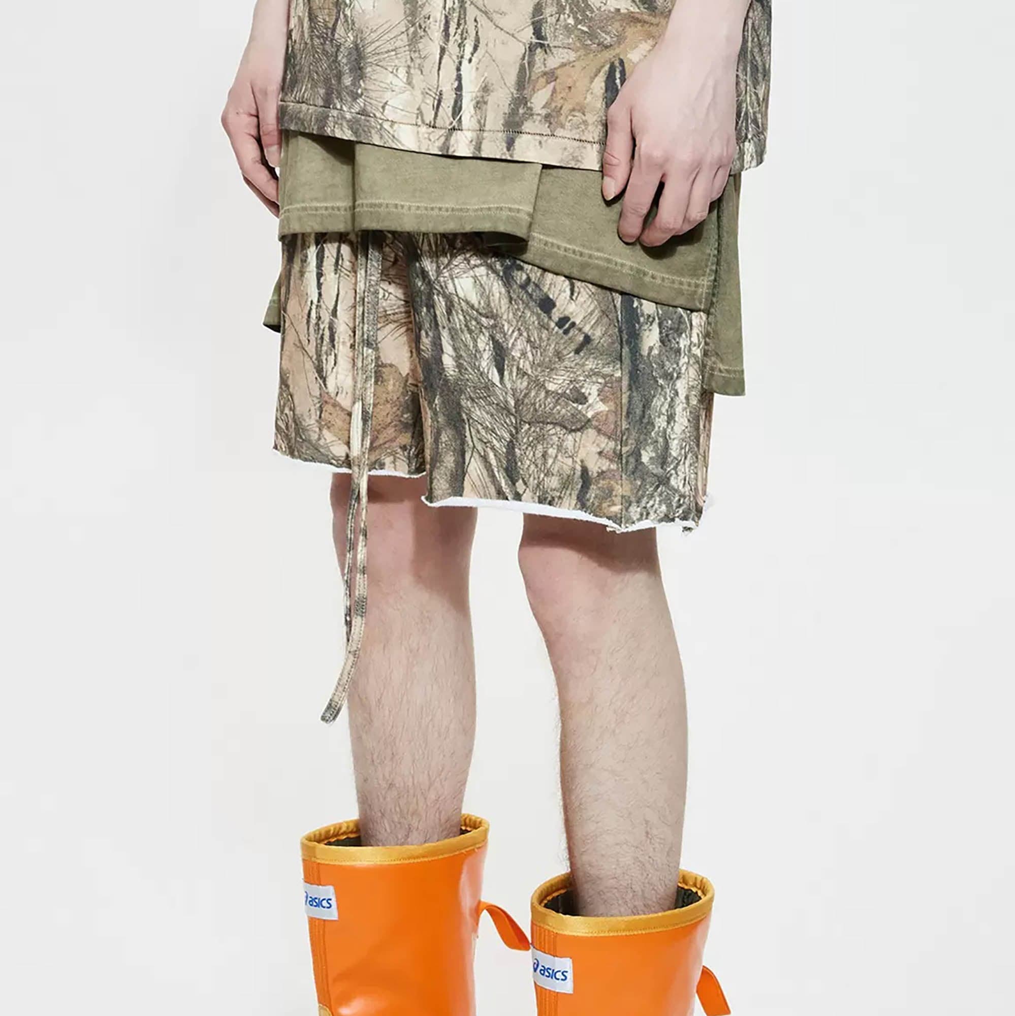 LIFEGOESON Forest Camo Spliced Raw Edge Shorts