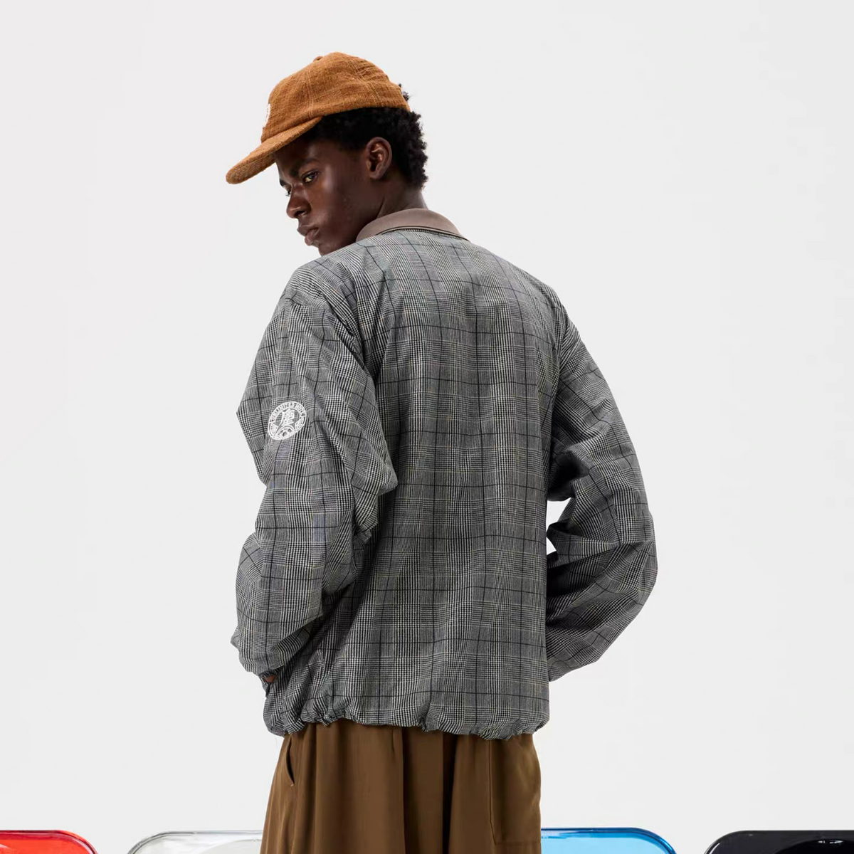 UNLIMITED MOTE Glen Plaid Double-Collar Drawstring Long-Sleeve Shirt, premium urban and streetwear designers apparel on PROJECTISR.com, UNLIMITED MOTE