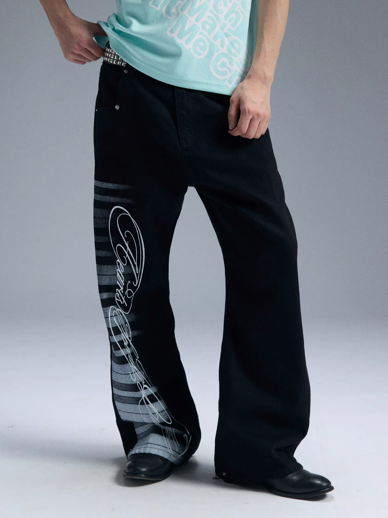 PAIKI Piano Key Script Foil Flared Jeans