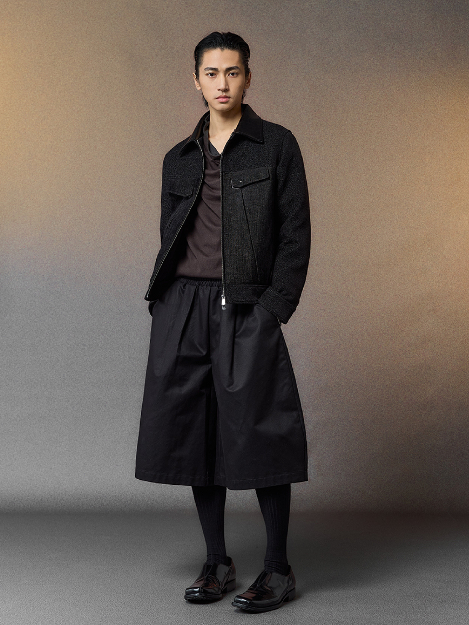 ALVNG AR ANTS Tweed Panelled PU-Collar Jacket, premium urban and streetwear designers apparel on PROJECTISR.com, ALVNG AR ANTS