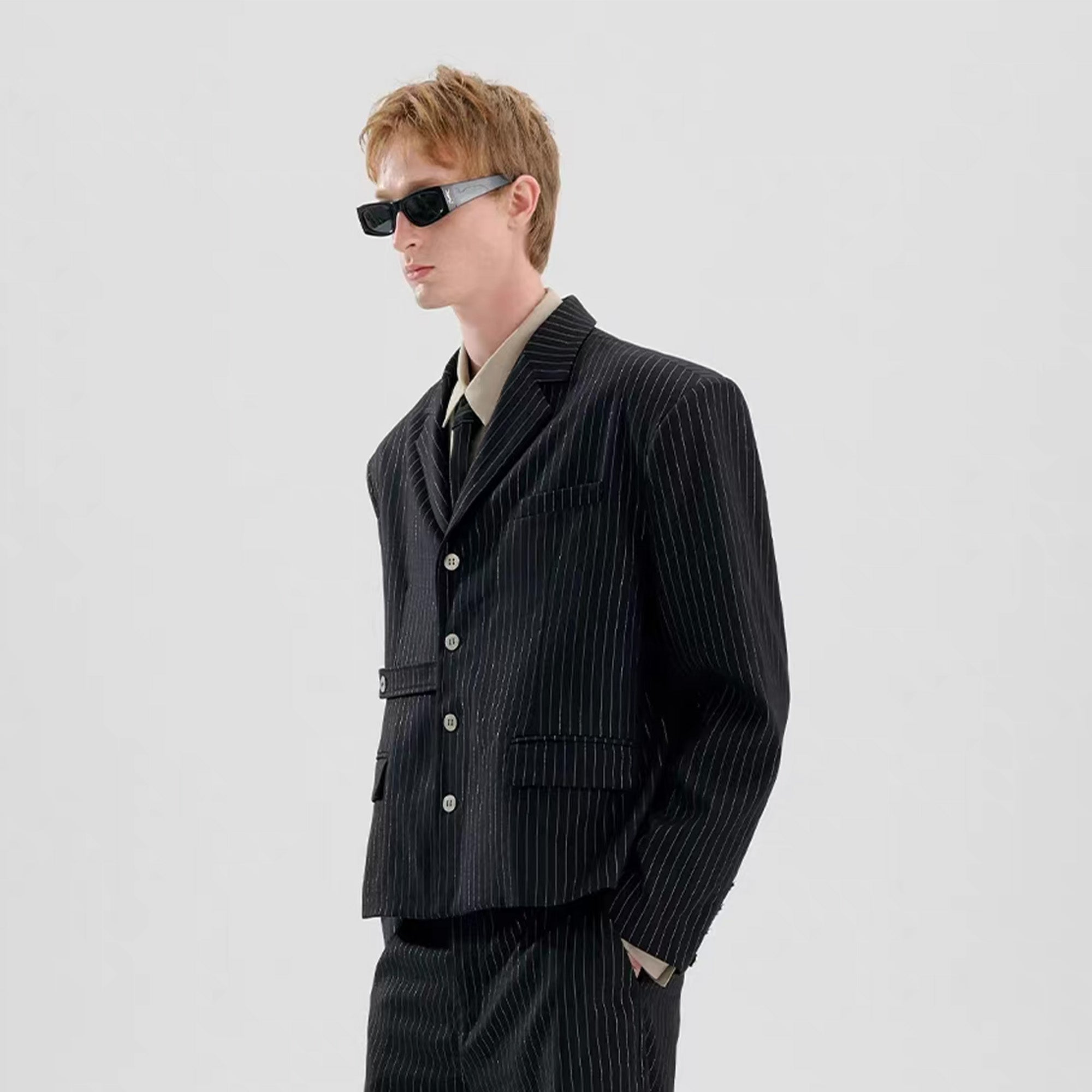 TIWILLTANG Cropped Pinstripe Strap Blazer, premium urban and streetwear designers apparel on PROJECTISR.com, TIWILLTANG