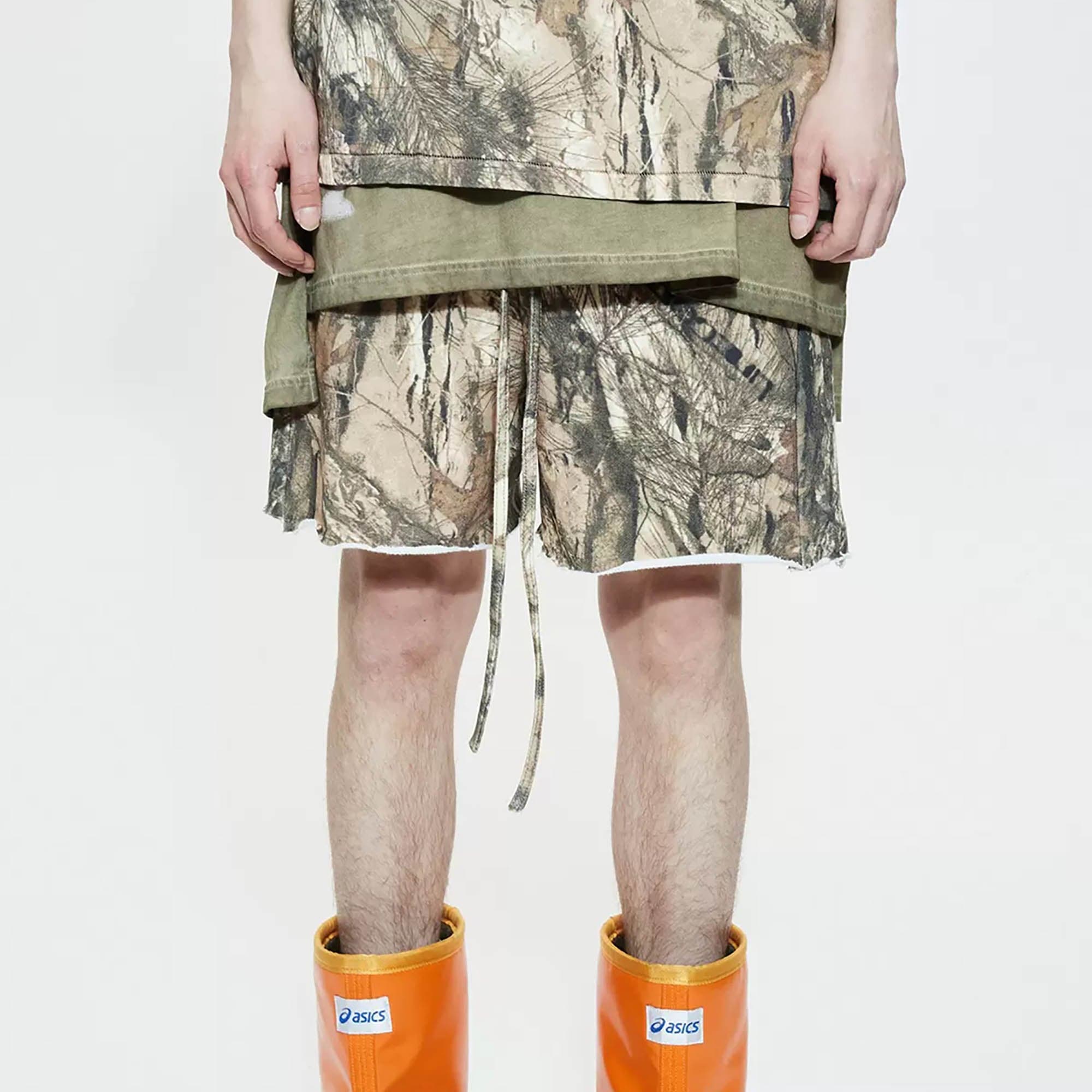 LIFEGOESON Forest Camo Spliced Raw Edge Shorts