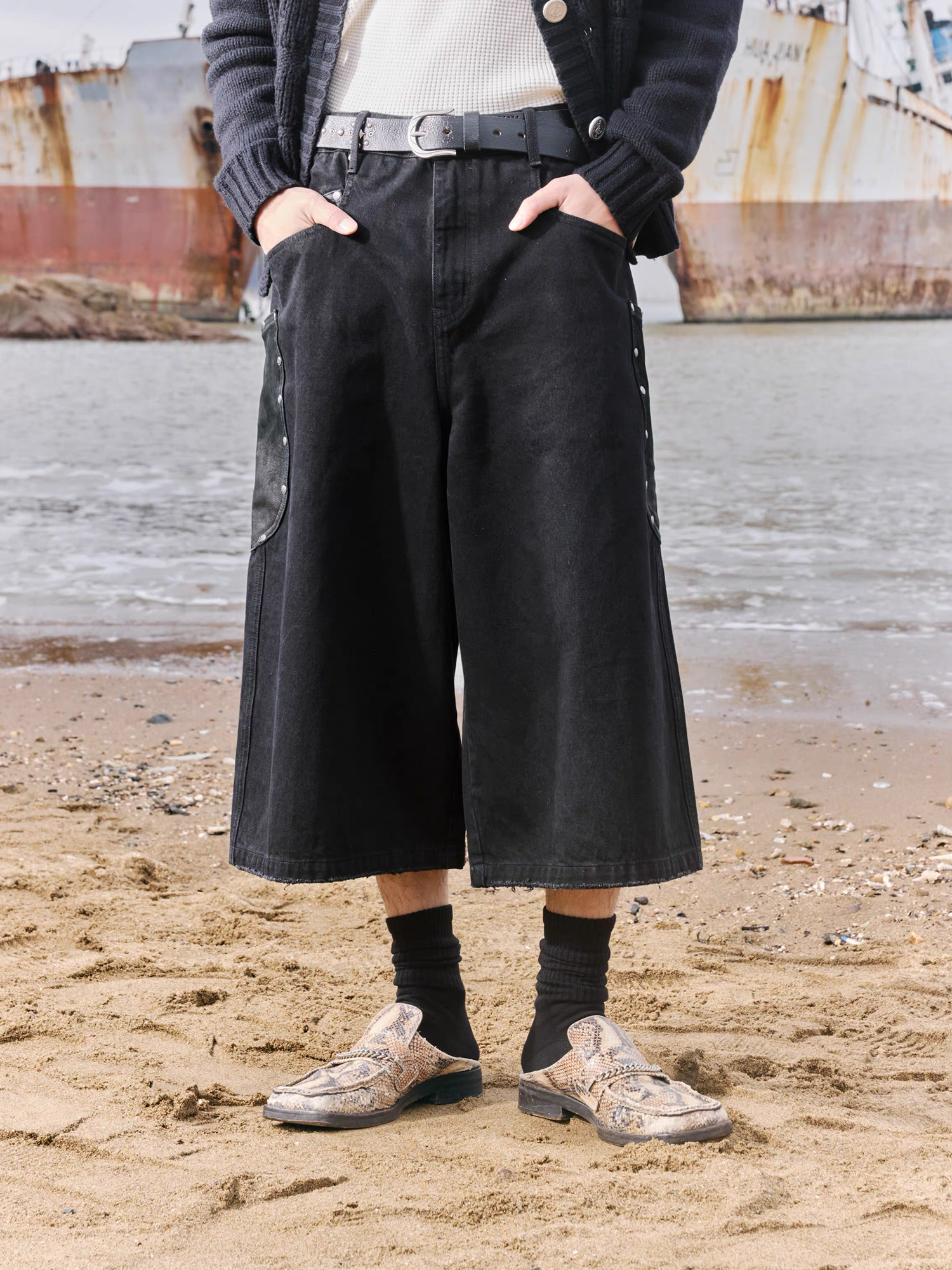 IN EXISTENCE Washed Rivet-Trim Patch Denim Shorts, premium urban and streetwear designers apparel on PROJECTISR.com, IN EXISTENCE
