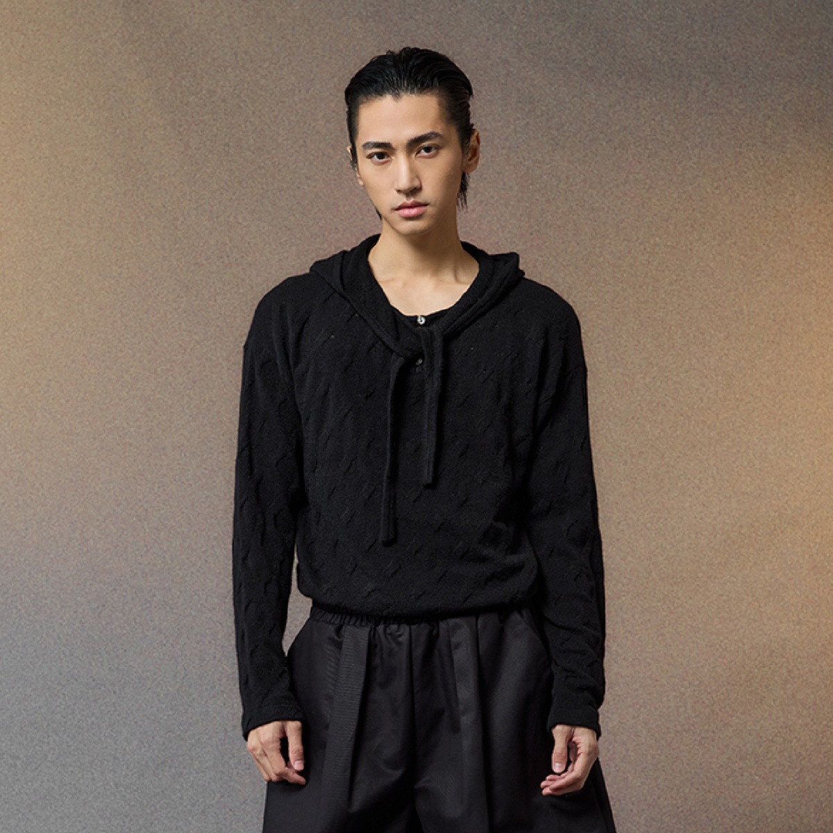 ALVNG AR ANTS Cable-Knit Tie-Neck Hooded Sweater